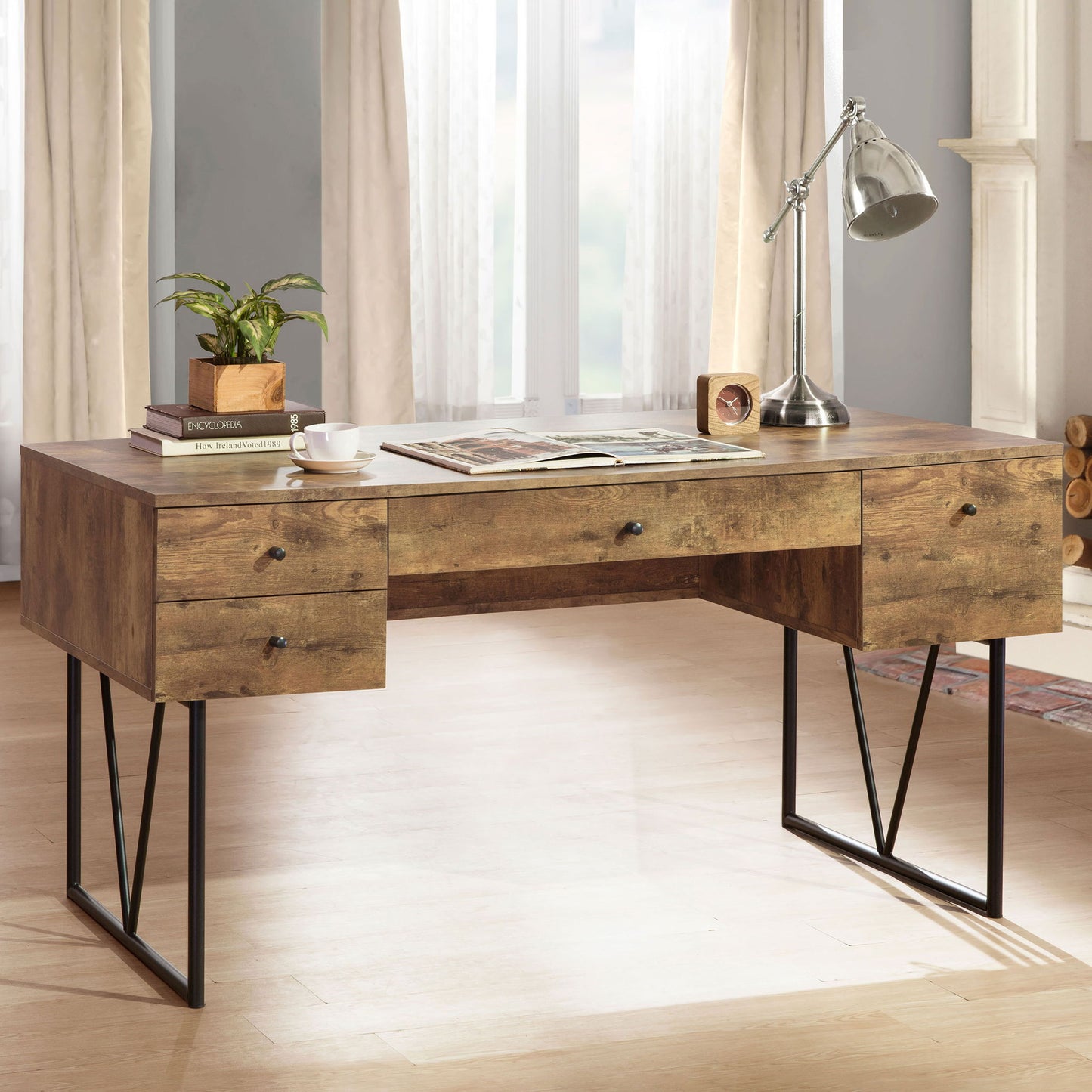 Rustic Industrial Charm Writing Desk With 4 Drawers And Open Shelf