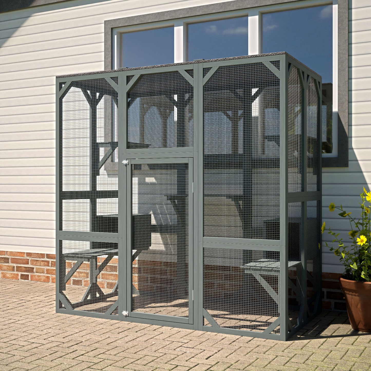 Outdoor Cat House Wooden Catio Enclosure With Cover - Large Cat Cage With Jump Platforms And Condos, Weatherproof - Gray