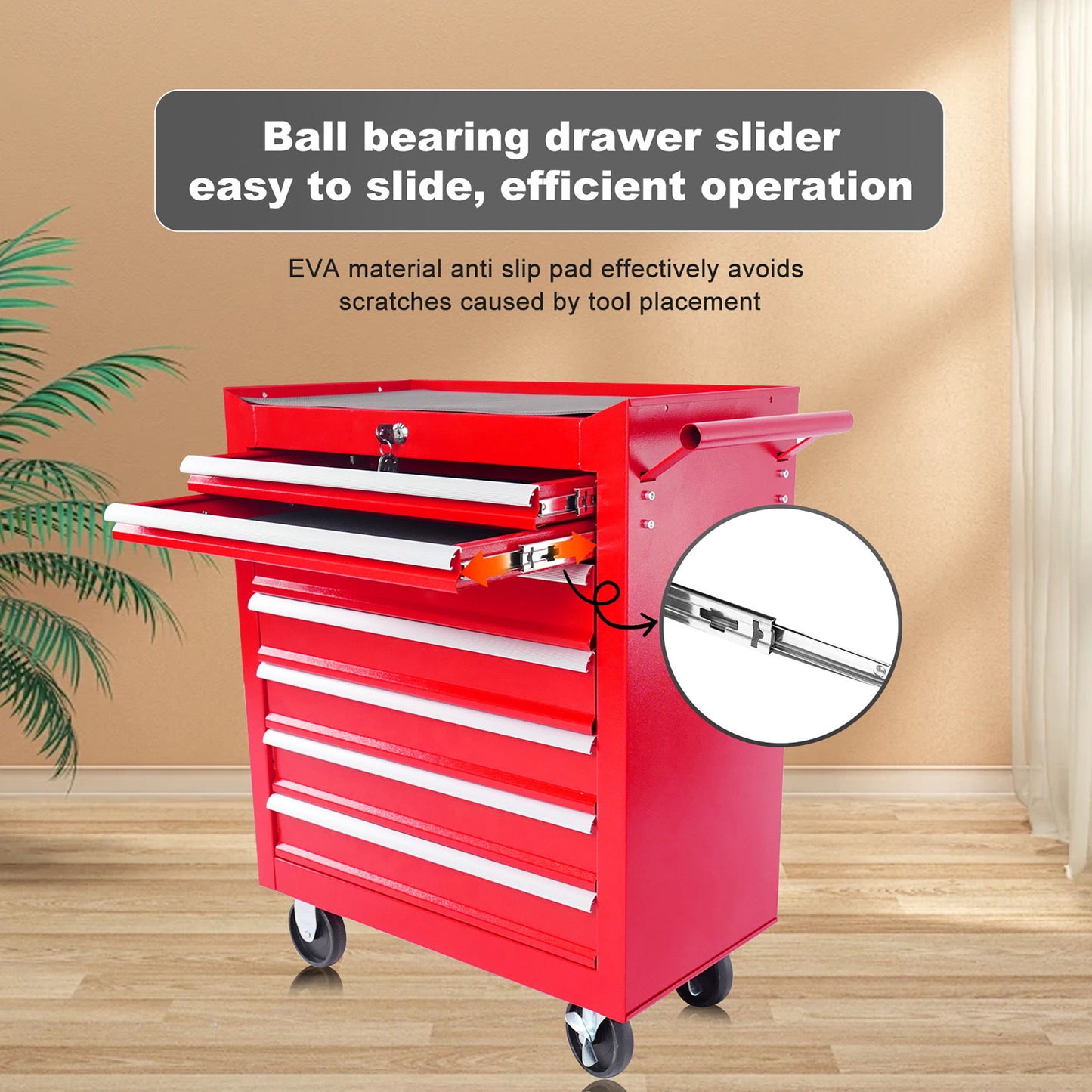 Red 7 Drawer Metal Rolling Tool Chest With Locking System And Wheels, Steel Construction - Red