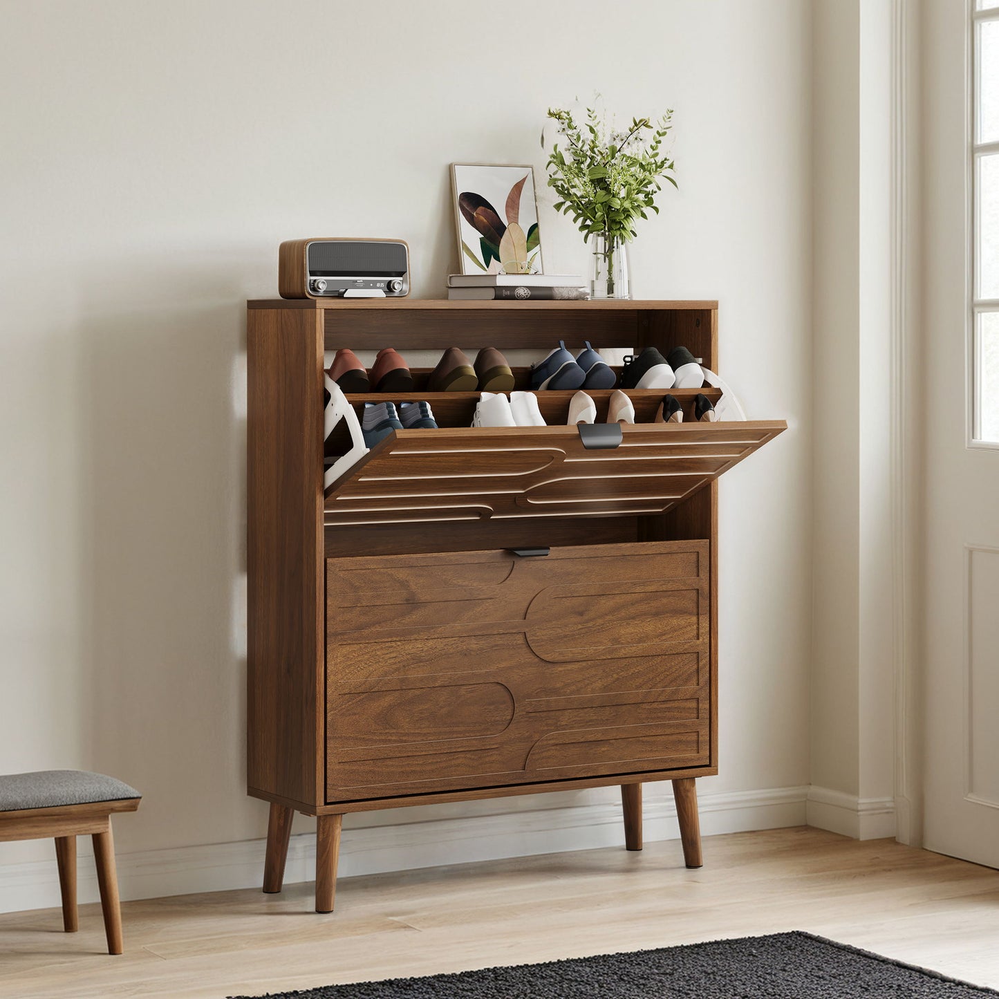 Medieval - Independent Shoe Cabinet With 2 Flip Drawers - Walnut