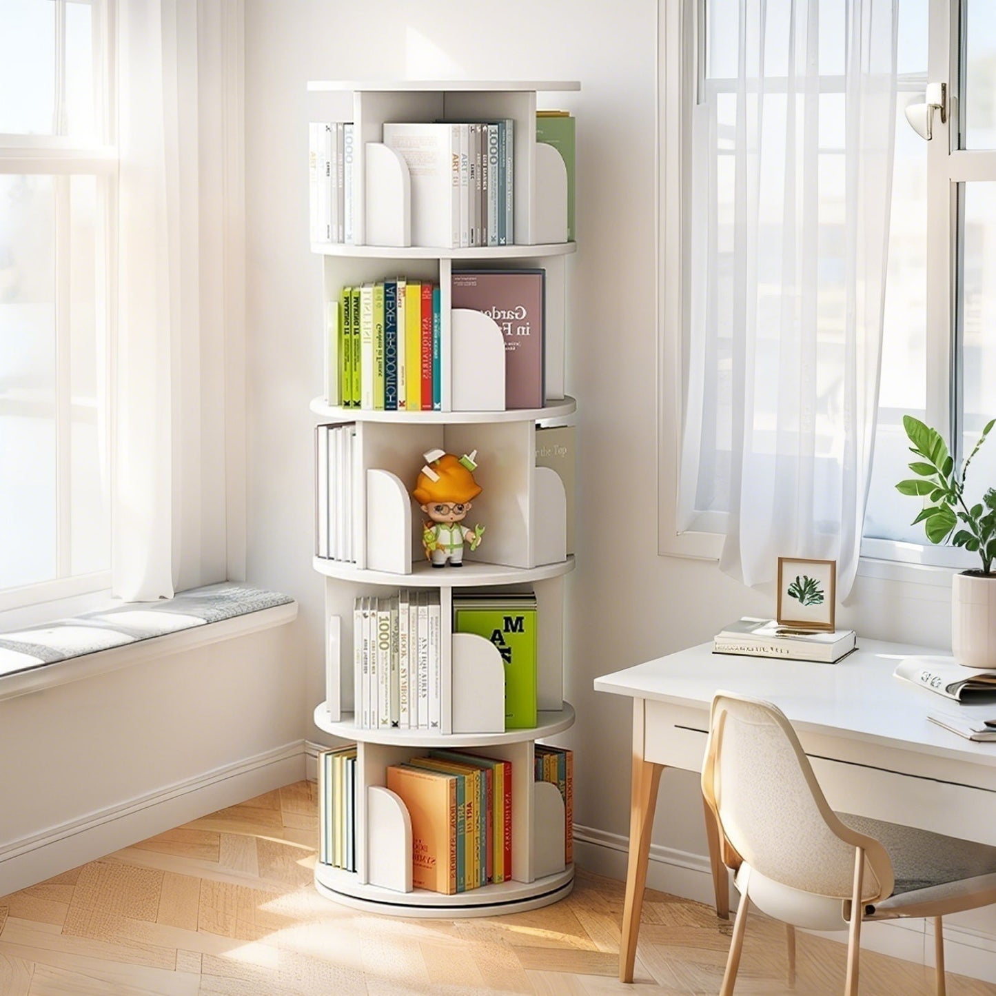 5 Tier Rotating Bookshelf, 360° Spinning Design, Space Saving Storage, For Home And Office - White