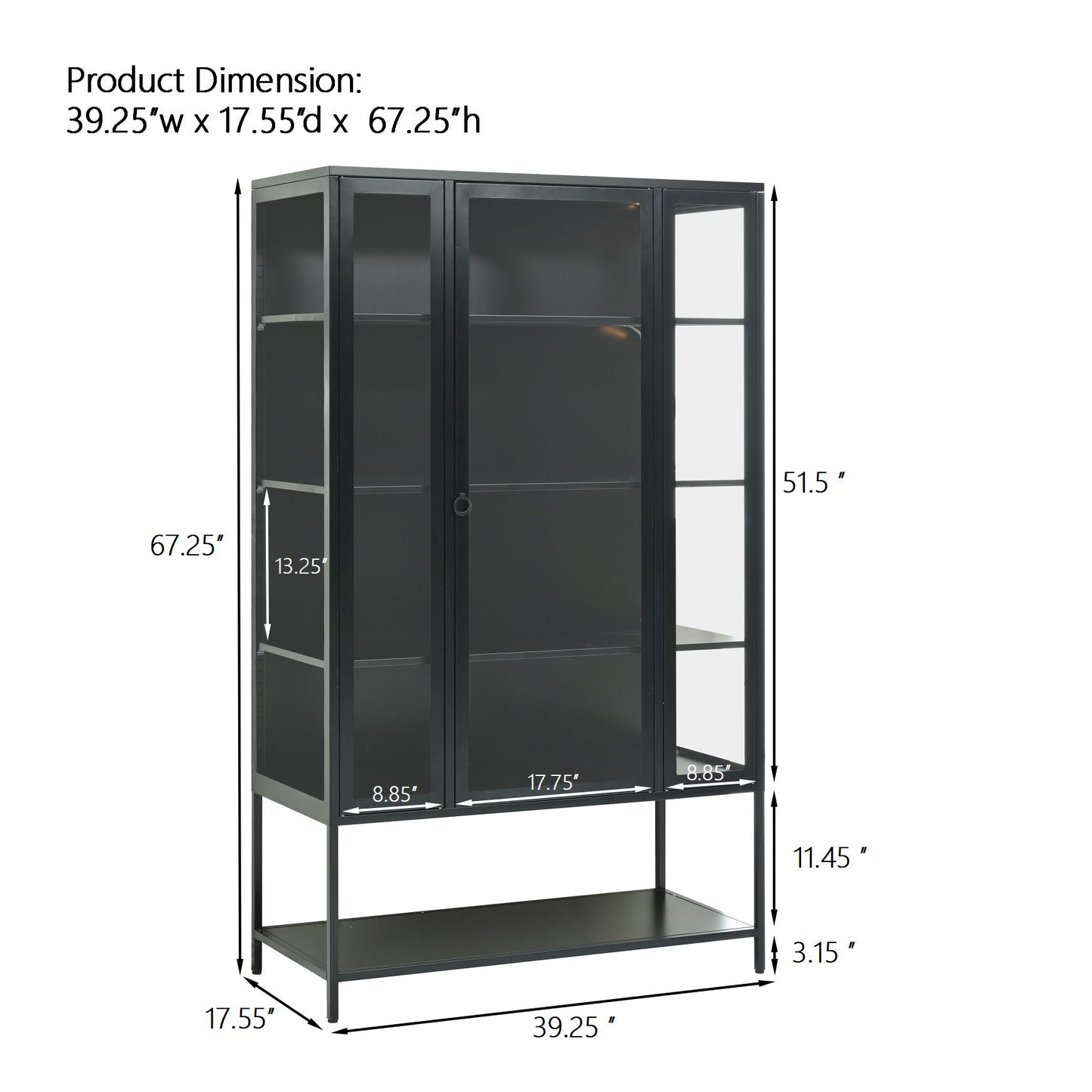 Modern Steel Display Cabinet With LED Lights And Glass Door For Home Or Workspace - Black