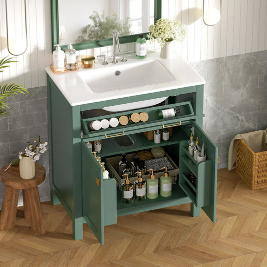 Bathroom Vanity With Ceramic Sink, Modern Single Bathroom Cabinet With 2 Doors And A Shelf, Soft Close Doors