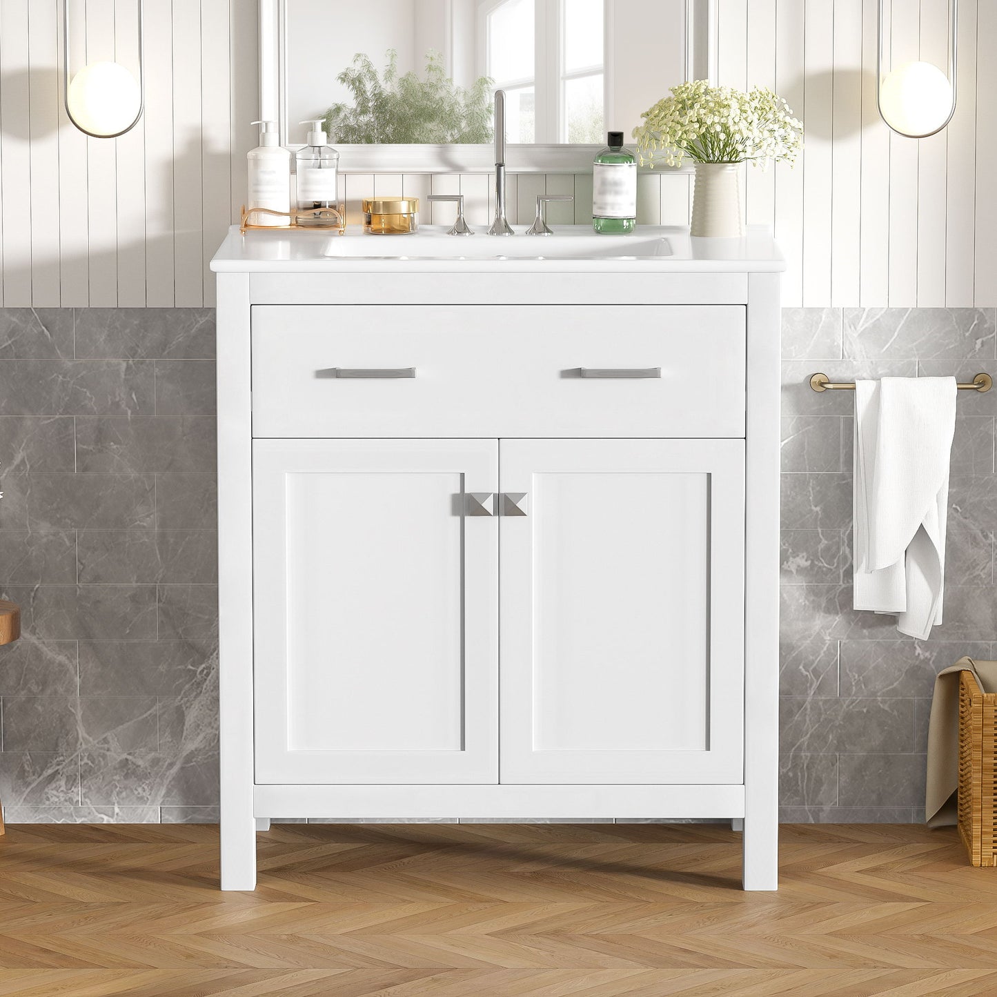 Bathroom Vanity With Ceramic Sink, Modern Single Bathroom Cabinet With 2 Doors And A Shelf, Soft Close Doors