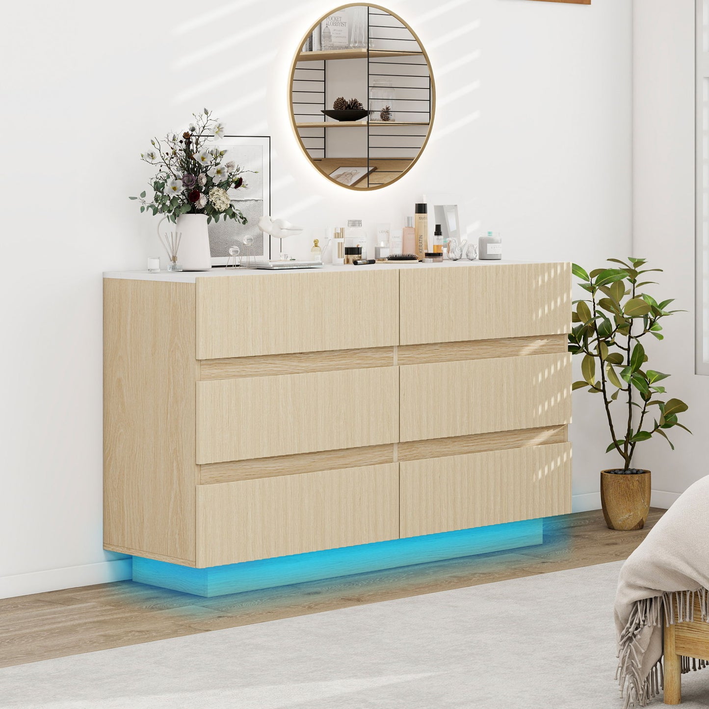 Fluted 6 Drawers Dresser, Double Dresser Chest Of Drawers, Modern Chest Of Drawers With LED, Drawer Organizer For Bedroom, Living Room, Hallway - Natural