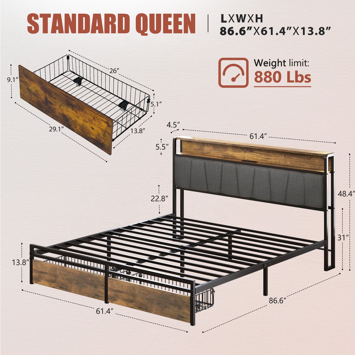 Upholstered Platform Bed Frame With Storage Drawers, USB Ports, LED Lights