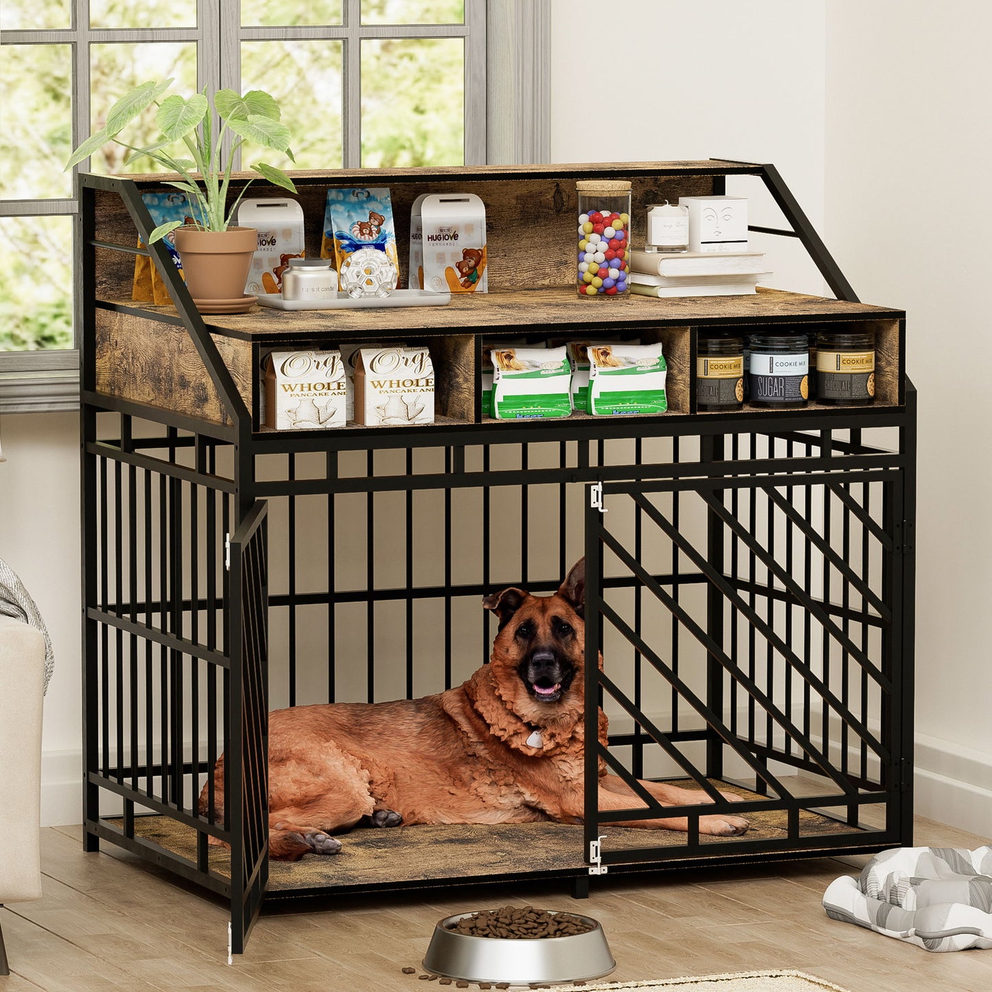 Wooden Dog Crate Furniture With Divider And Storage Drawers For Large Dogs - Rustic Brown