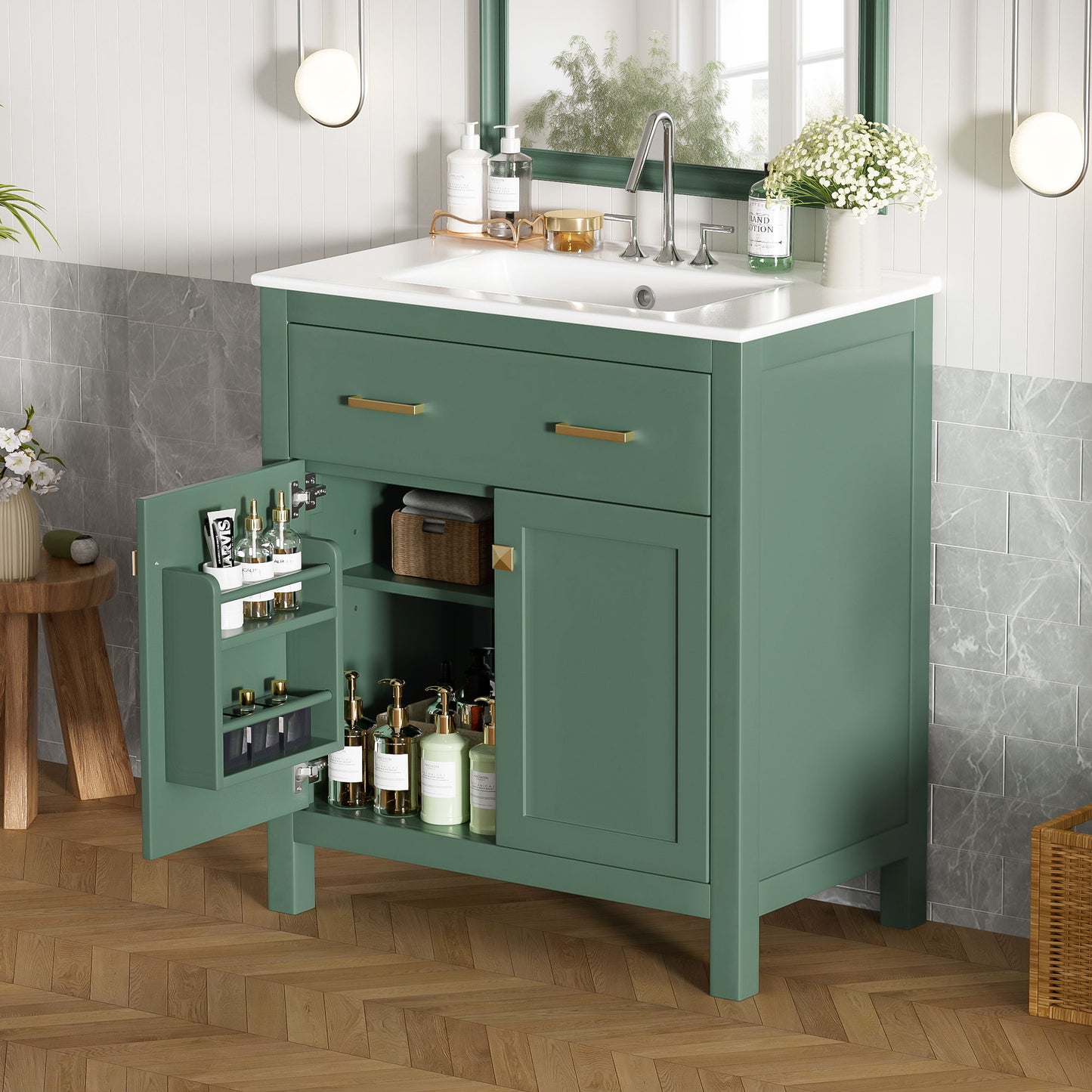 Bathroom Vanity With Ceramic Sink, Modern Single Bathroom Cabinet With 2 Doors And A Shelf, Soft Close Doors