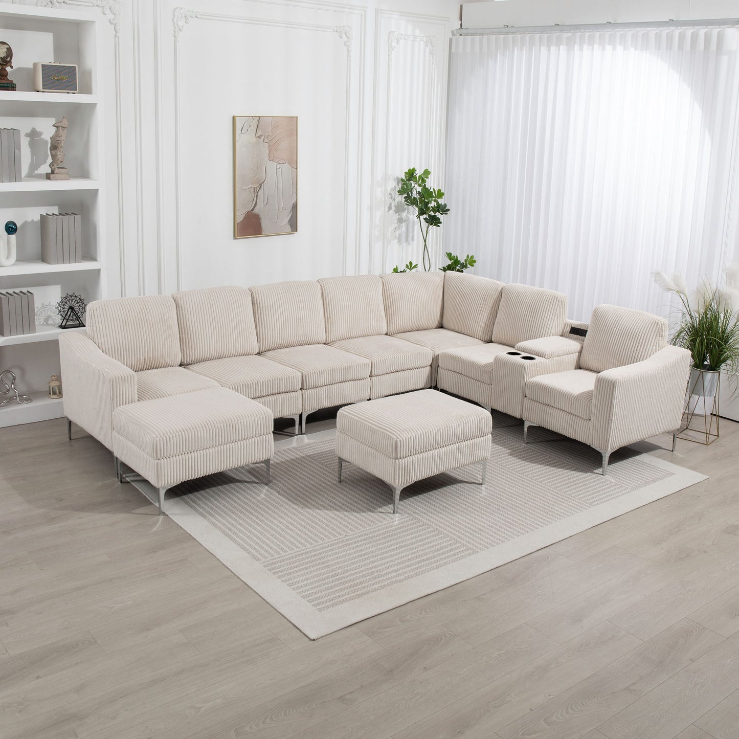 Convertible Sectional Corduroy Sofa With Storage Ottoman, Cupholders, USB Ports
