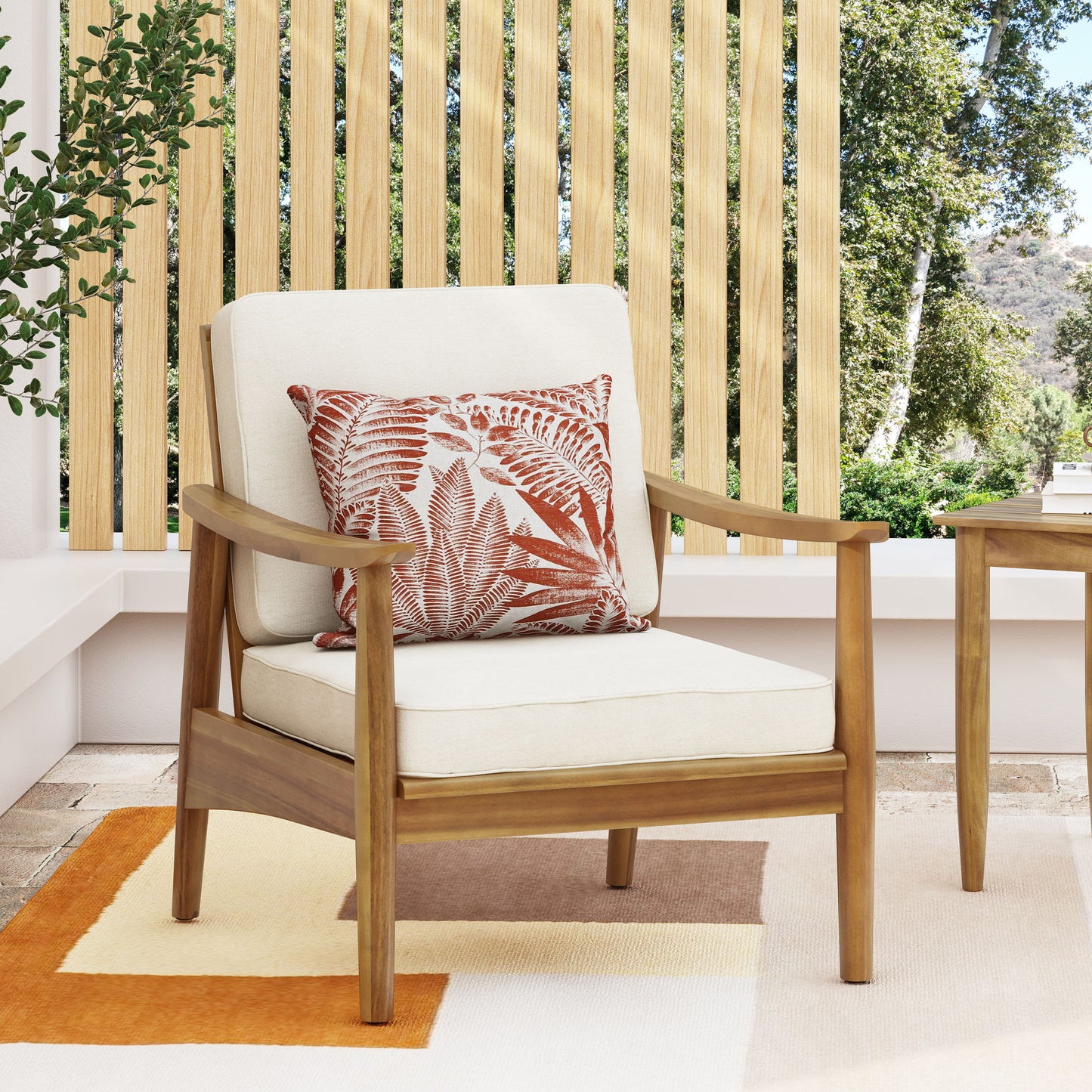 Birdsong - Outdoor Club Chair With Slat Back And Seat Cushion - Beige