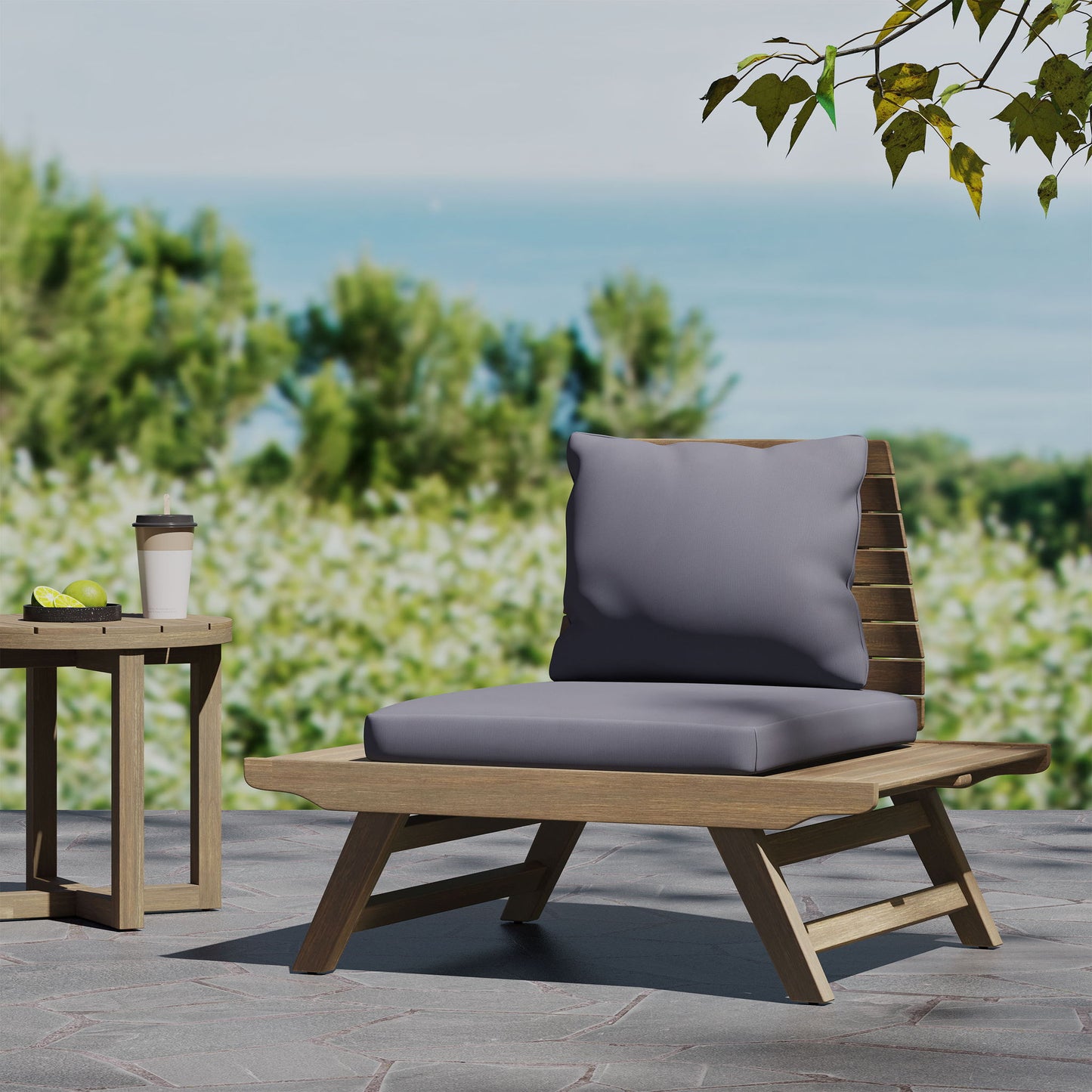Outdoor Club Chair With Slatted Design And Water Resistance Cushion - Dark Gray