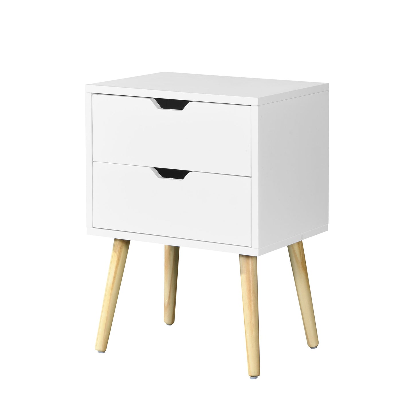 Mid Century Modern Side Table With 2 Drawers And Rubber Wood Legs - White