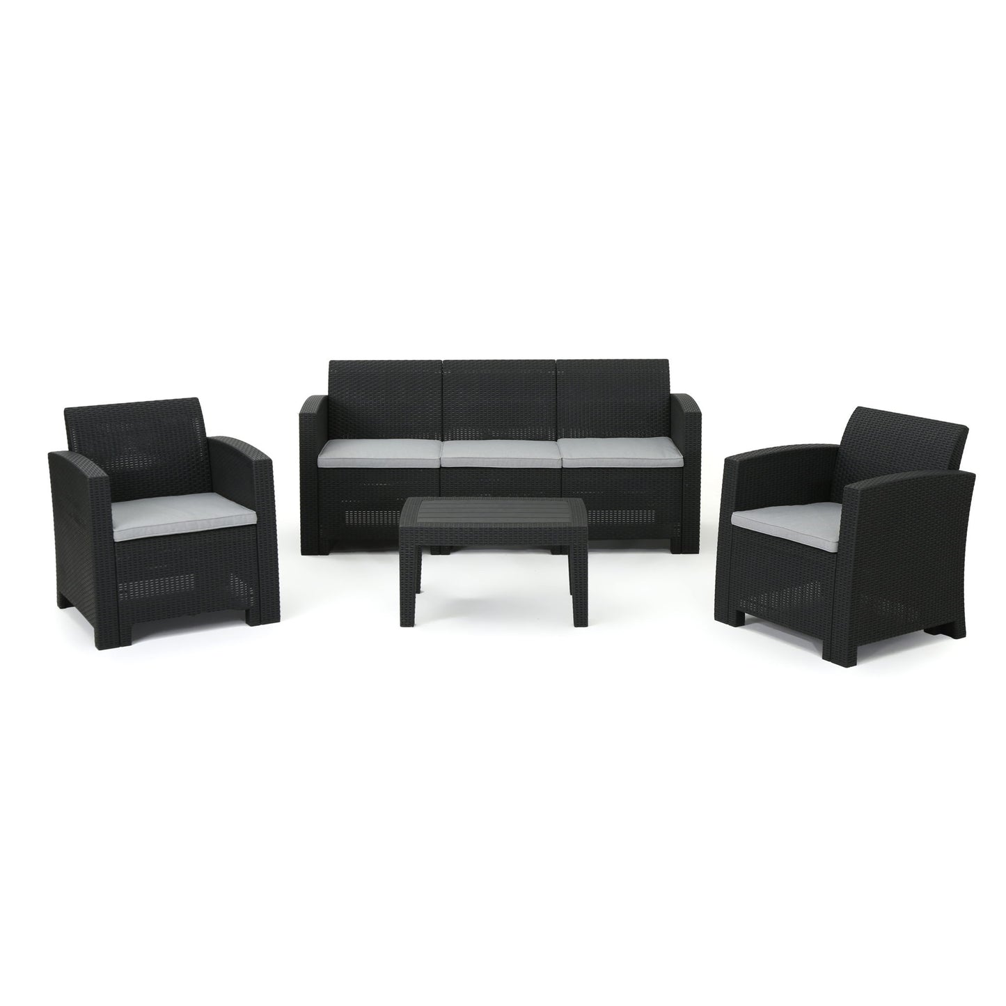 Velvora - Outdoor Wicker Set With 3 Seater Sofa, 2 Club Chairs, Coffee Table And Cushions - Brown