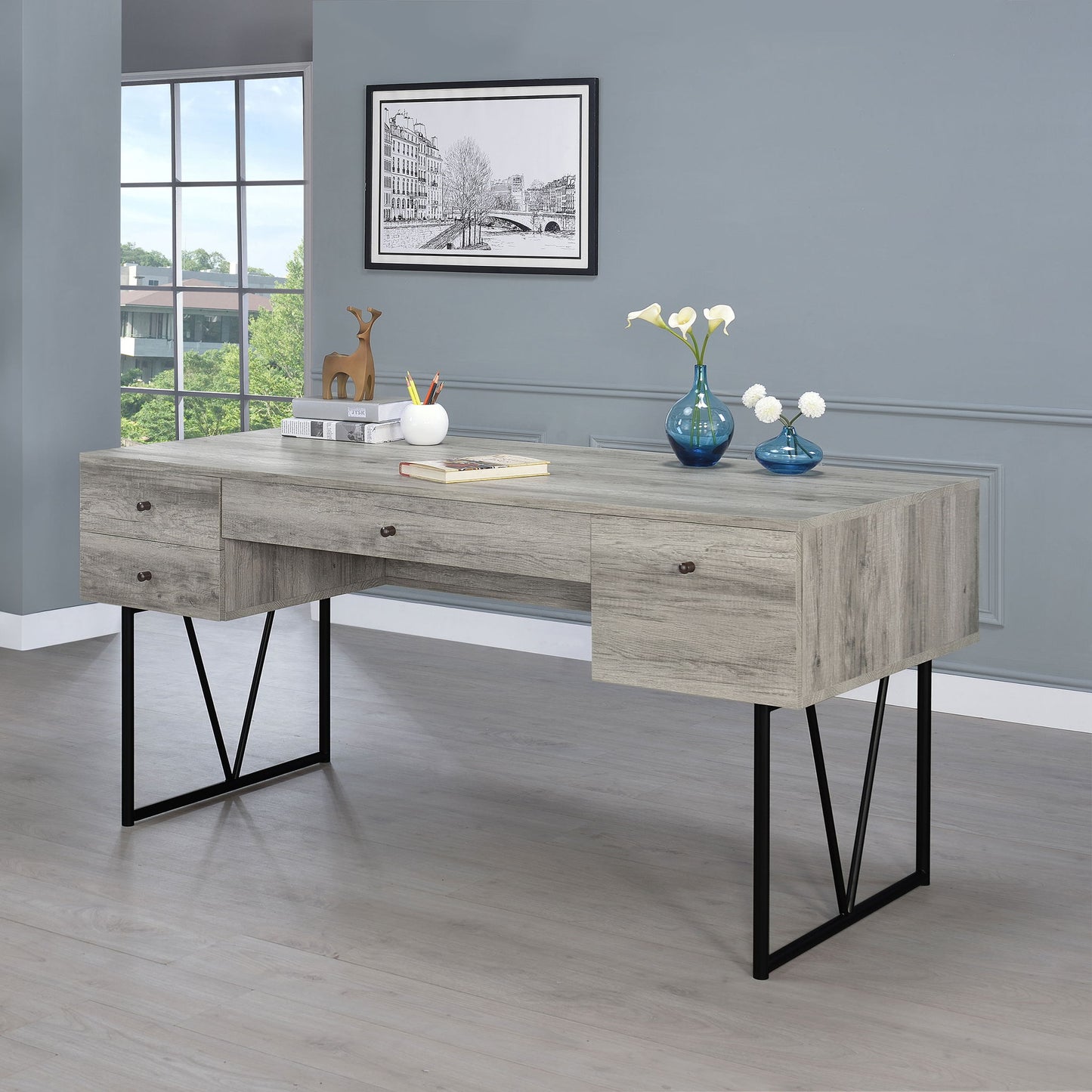 Rustic Industrial Charm Writing Desk With 4 Drawers And Open Shelf