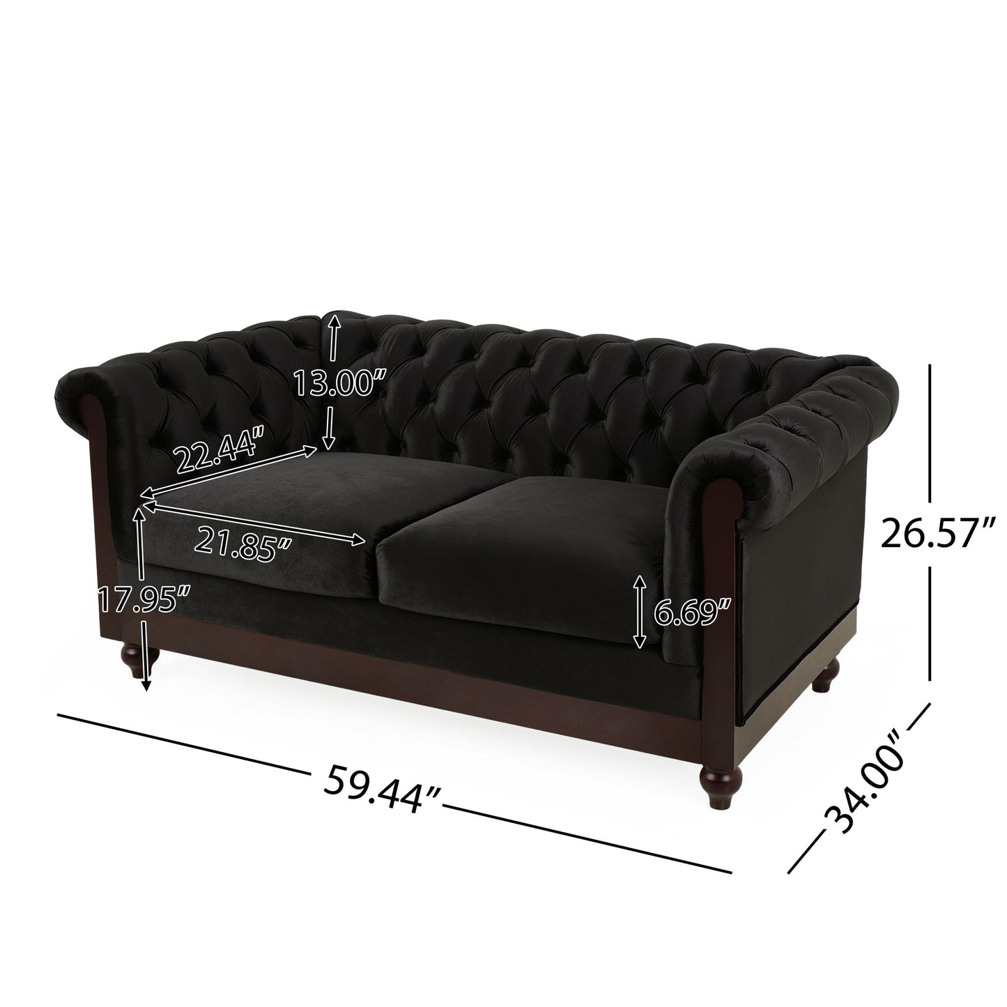 Chesterfield Velvet Loveseat Sofa, 2 Person Rolled Arm Upholstered Couch