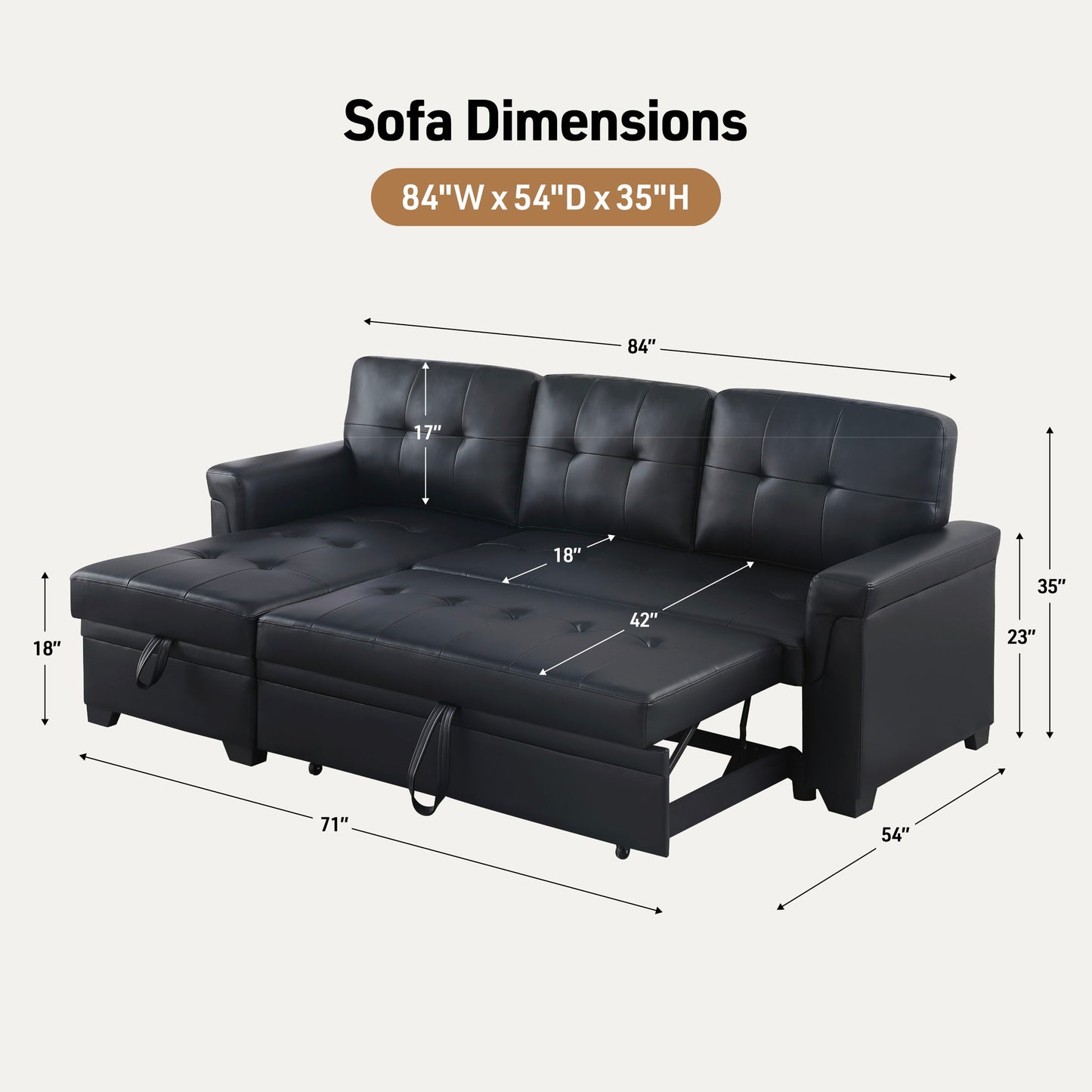 Lexi - Vegan Leather Modern Reversible Sleeper Sectional Sofa With Storage Chaise
