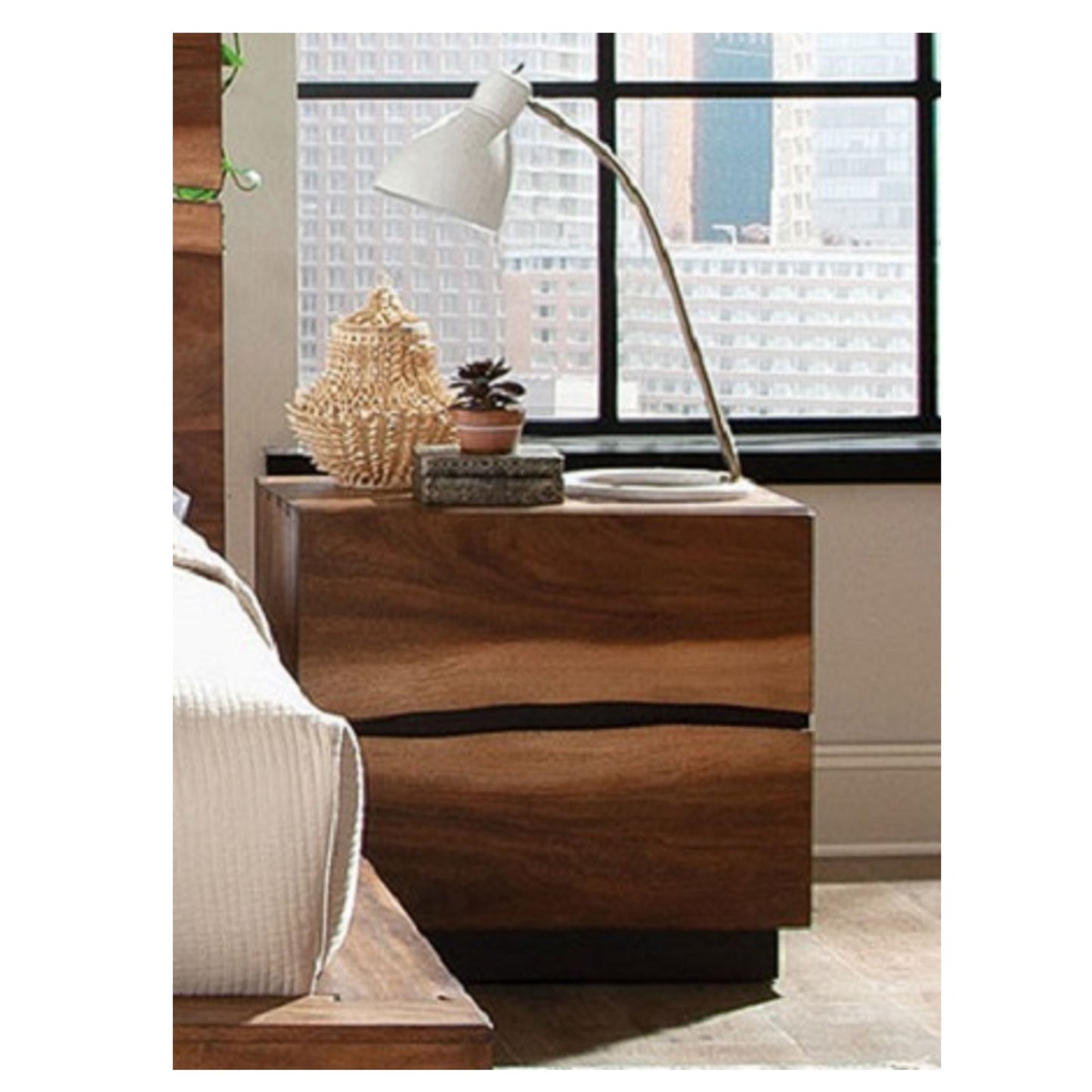 Wooden 2 Drawer Nightstand With Smokey And Asymmetrical Design - Walnut