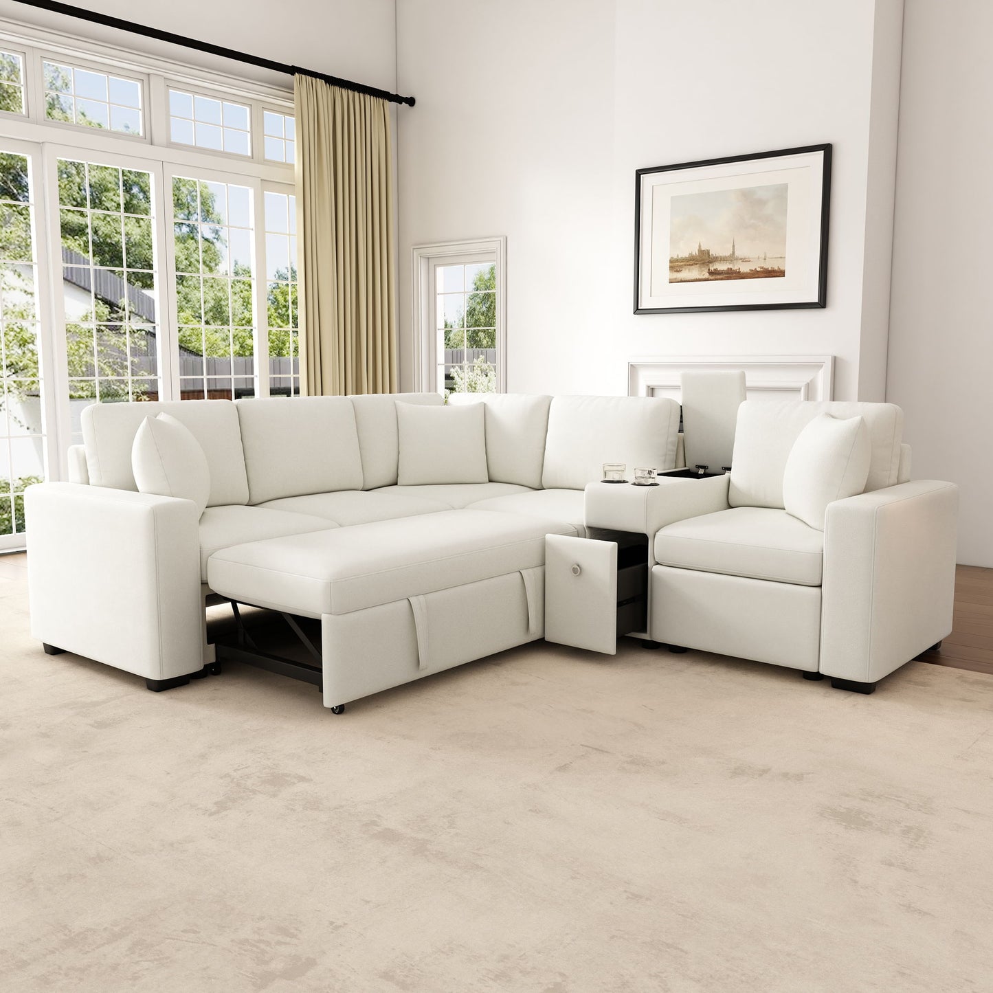 Contemporary L Shaped Convertible Sofa Bed With Pull Out Bed, Cup Holders, And Storage