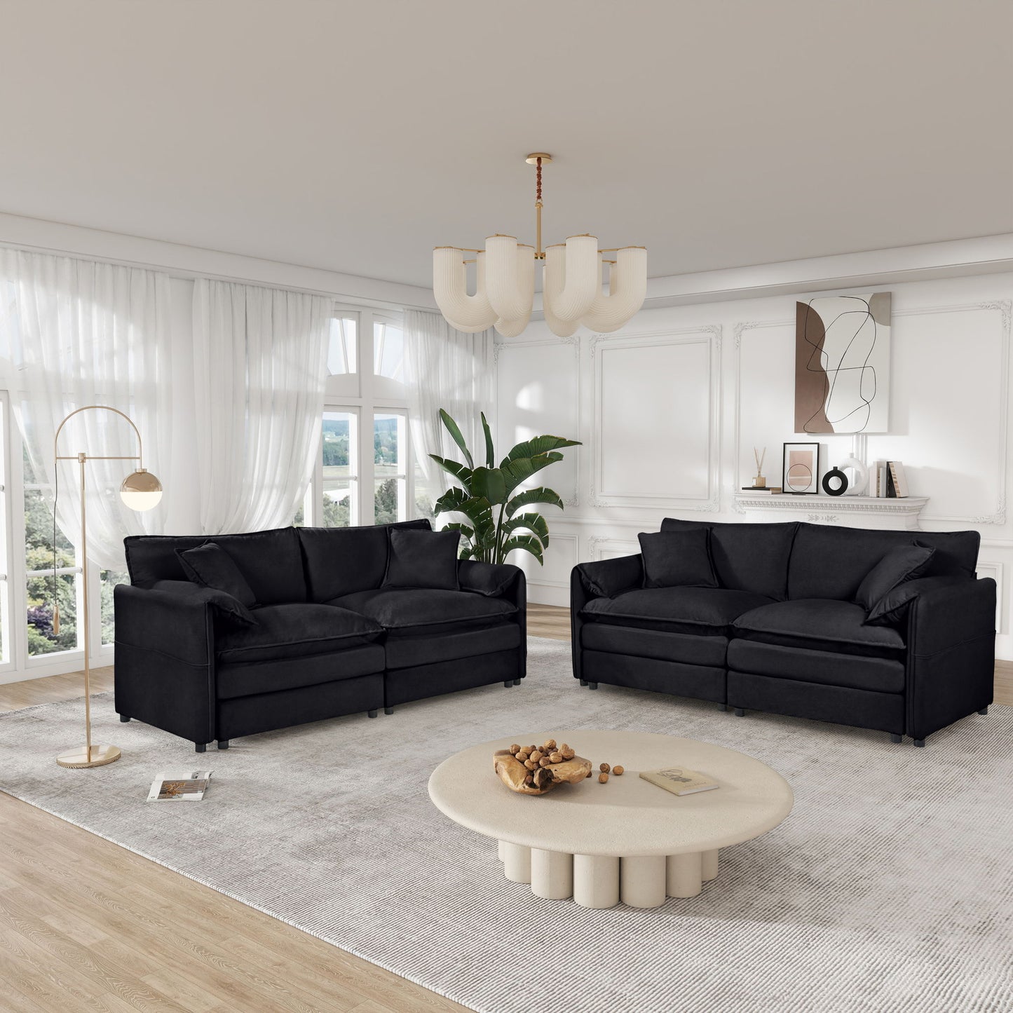 Modern Chenille Oversized Deep Seat Luxury 2 Piece Sofa Set With 4 Pillows