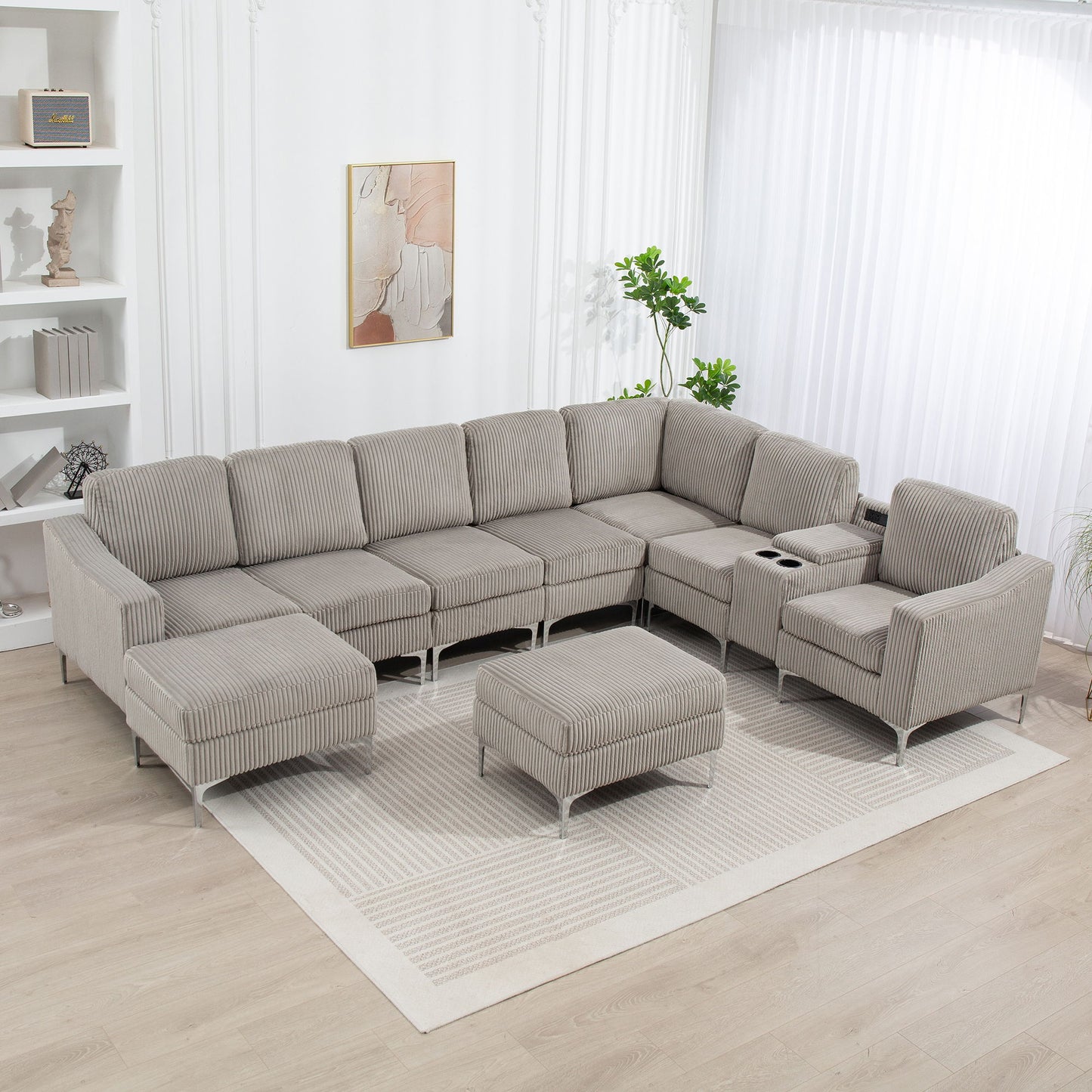 Convertible Sectional Corduroy Sofa With Storage Ottoman, Cupholders, USB Ports