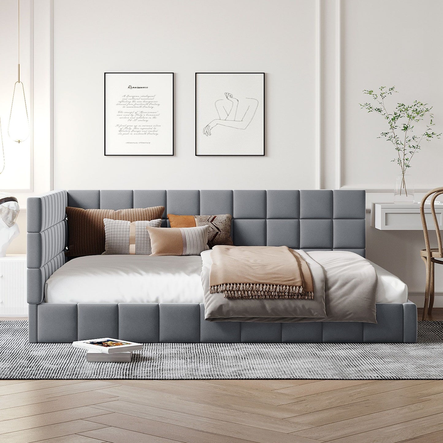 Full Size Upholstered Classic Mid Century Modern Daybed / Sofa Bed Frame, Elegant Design - Gray