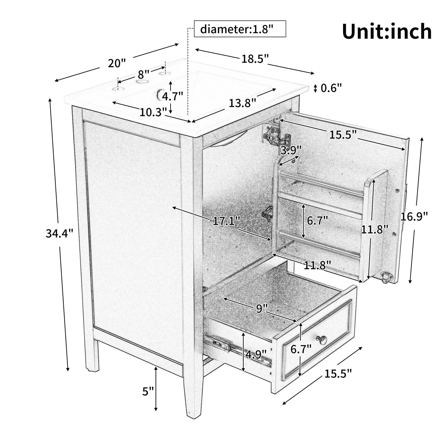 20" Bathroom Vanity With Sink, Bathroom Cabinet With A Door, Door Shelf Storage And Adiustable Foot Pads, A Drawer - Gray
