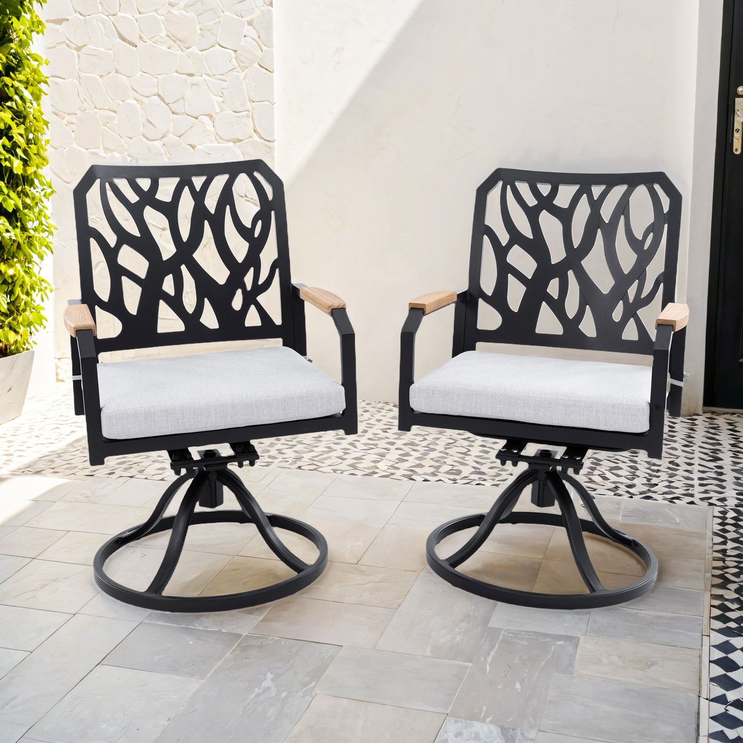 Outdoor Patio Swivel Rocker With Outdoor Grade Sunbrella Cushions, Branch Like Backrest (Set of 2) - Bourbon Brown