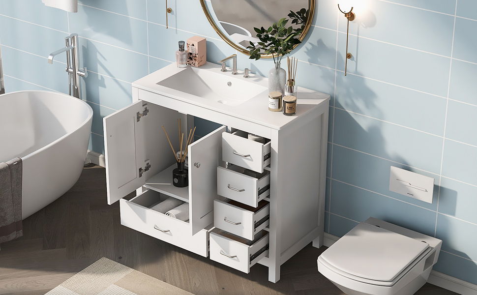 Bathroom Vanity With Ceramic Sink Combo, Abundant Storage Cabinet 2 Soft Close Doors And 5 Drawers