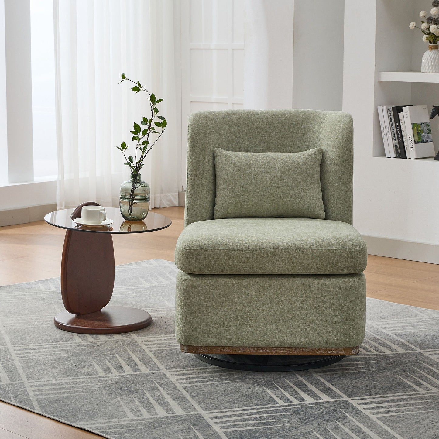 Wide Modern Chenille Cushioned Armless Metal Base 360° Swivel Chair With Pillow