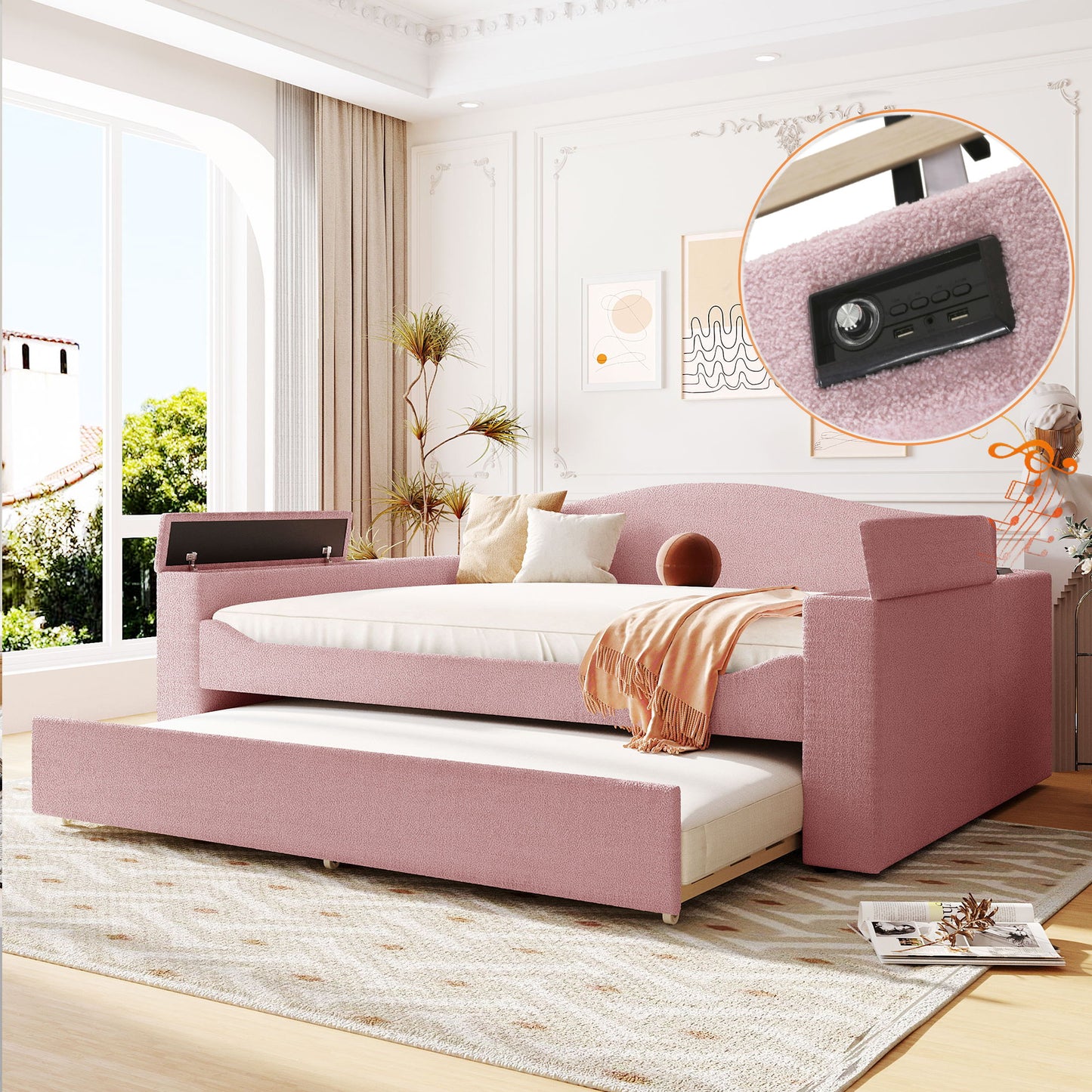 Upholstered Daybed With Storage Armrests, Trundle And Latest Integrated Bluetooth Audio System