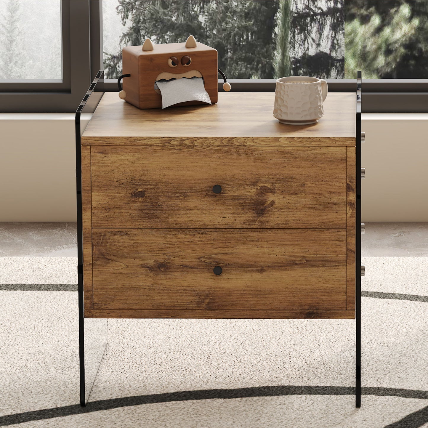 Double Drawer Bedside Table - Wood