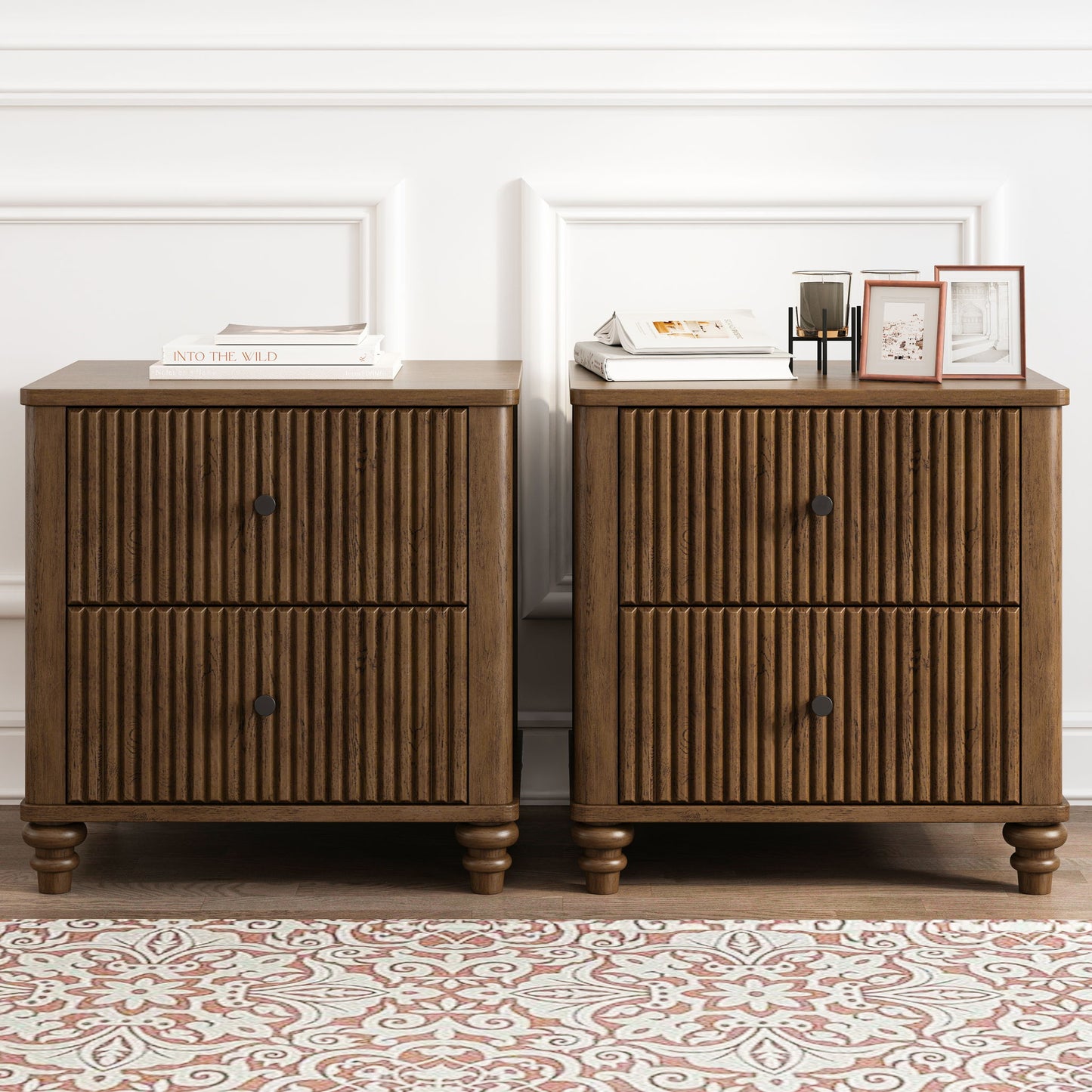 Mid Century Modern Fluted Nightstand 2 Piece Set With 3 Drawers - Walnut