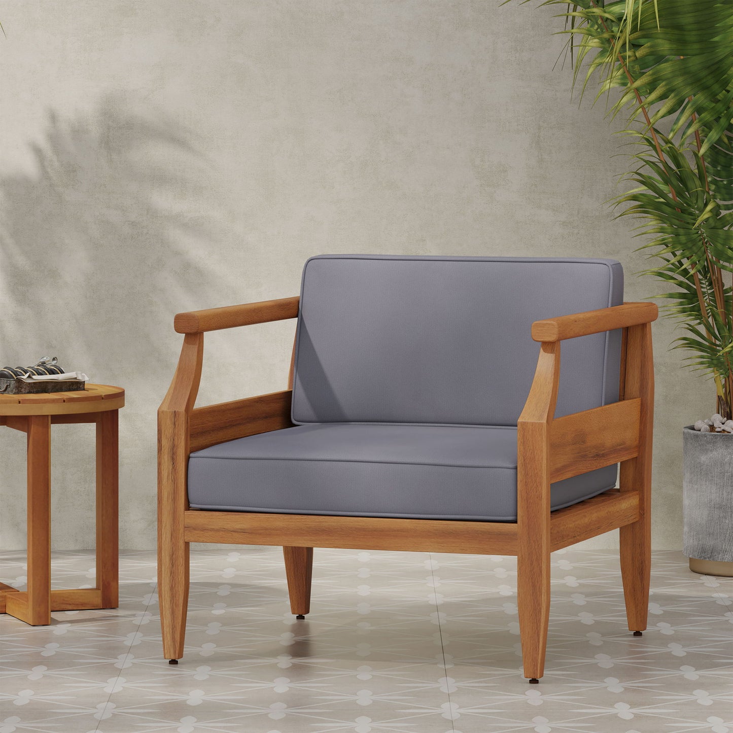 Outdoor Club Chair With Recessed Arms And Cushions - Dark Gray / Teak