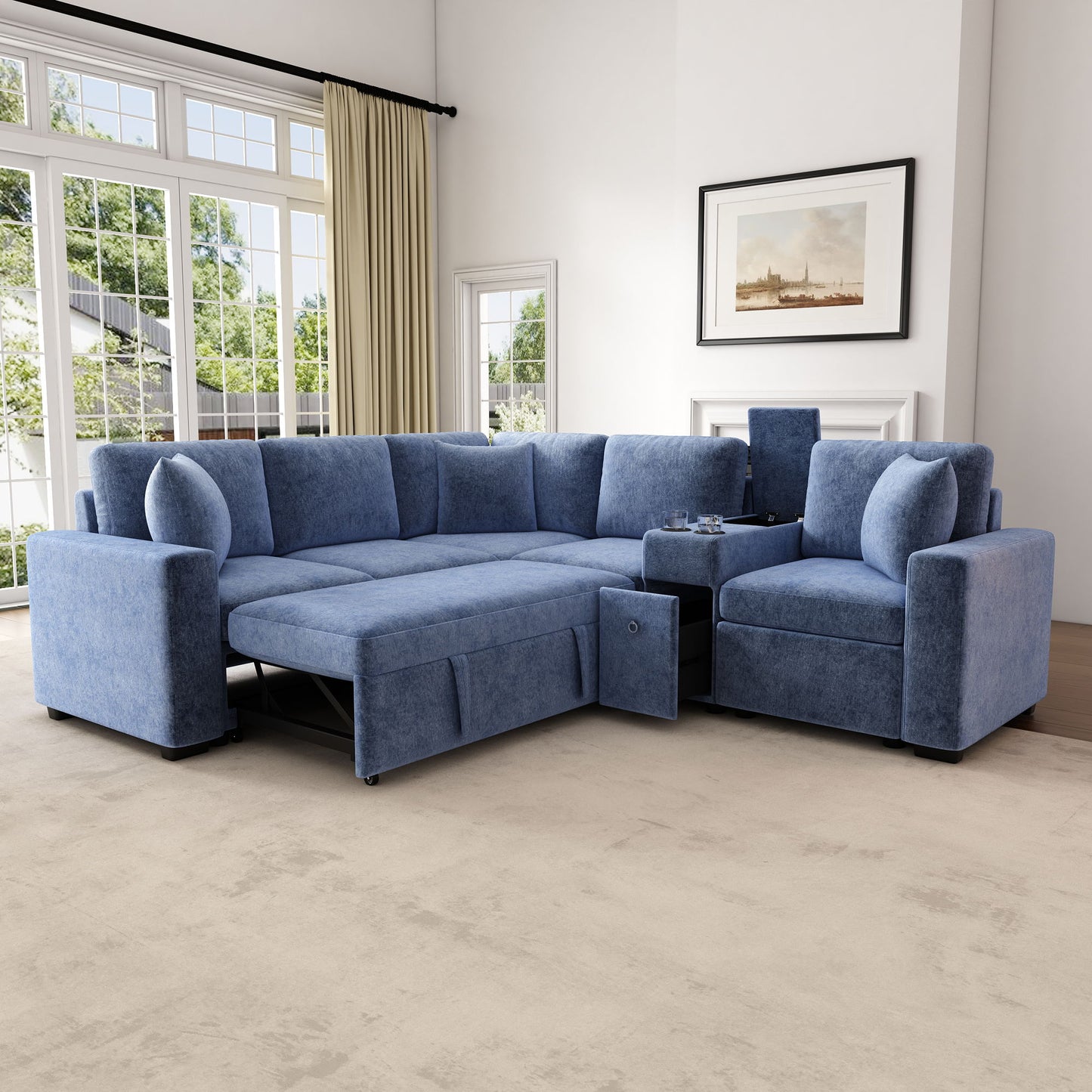 Contemporary L Shaped Convertible Sofa Bed With Pull Out Bed, Cup Holders, And Storage