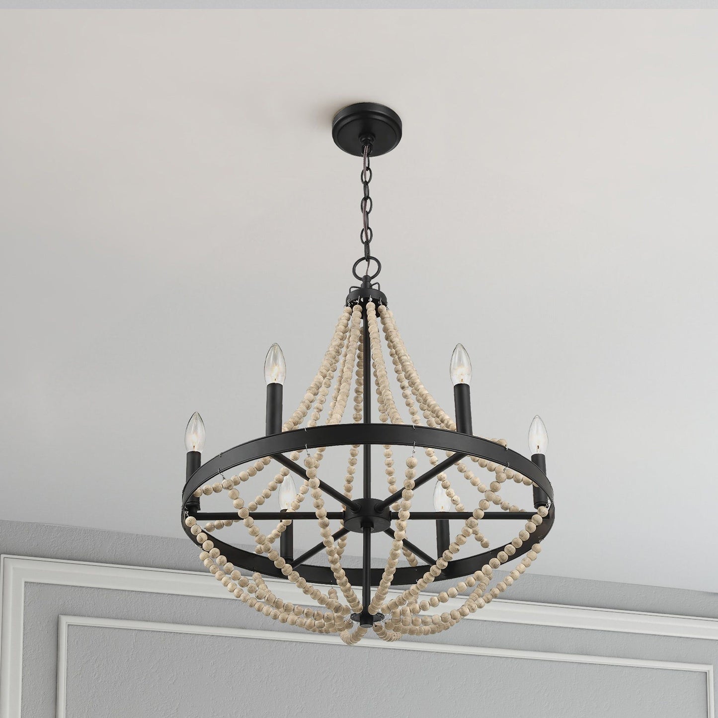 Starry - Chandelier Farmhouse Six Candle Light Wood Beaded Pendant Light For Dining Room - Black / Clear