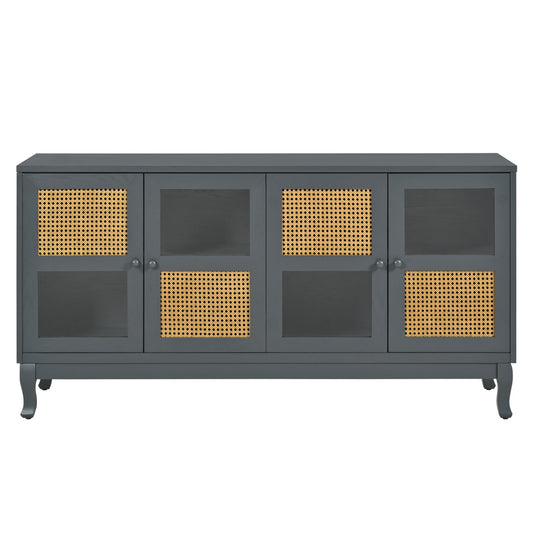 Retro Industrial 4 Door Sideboard With Large Storage, Rattan And Glass Doors