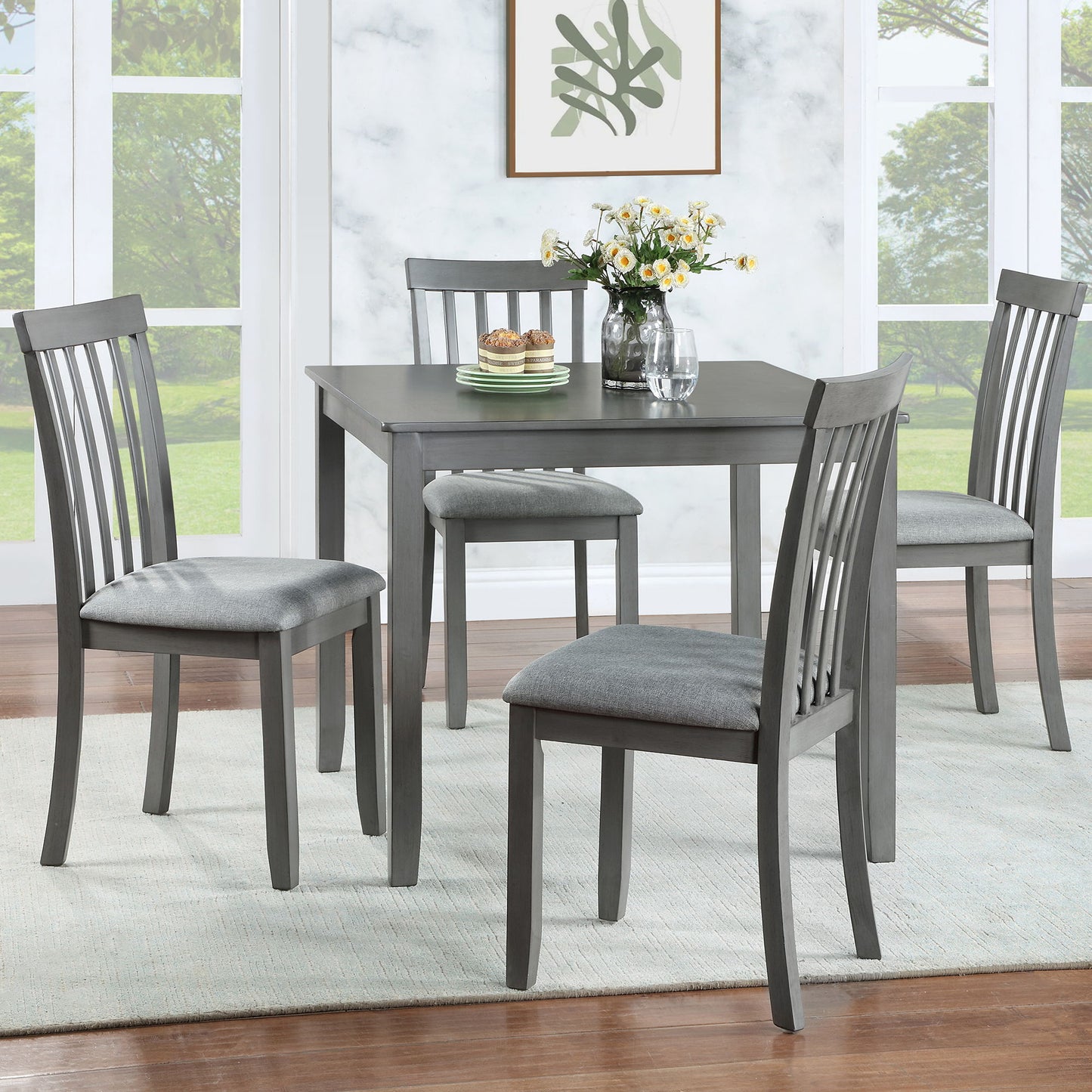 5 Piece Modern Dining Set, Square Wooden Dining Table With 4 Upholstered Chairs For Kitchen, Dining Room - Gray