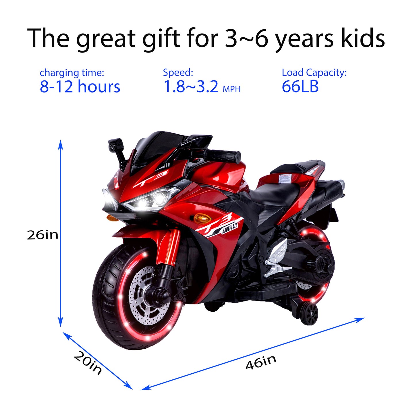 Kids 12V Motorcycle With Training Wheels, Manual Throttle, And Lighting Wheels For Boys And Girls Ages 3-6 - Red