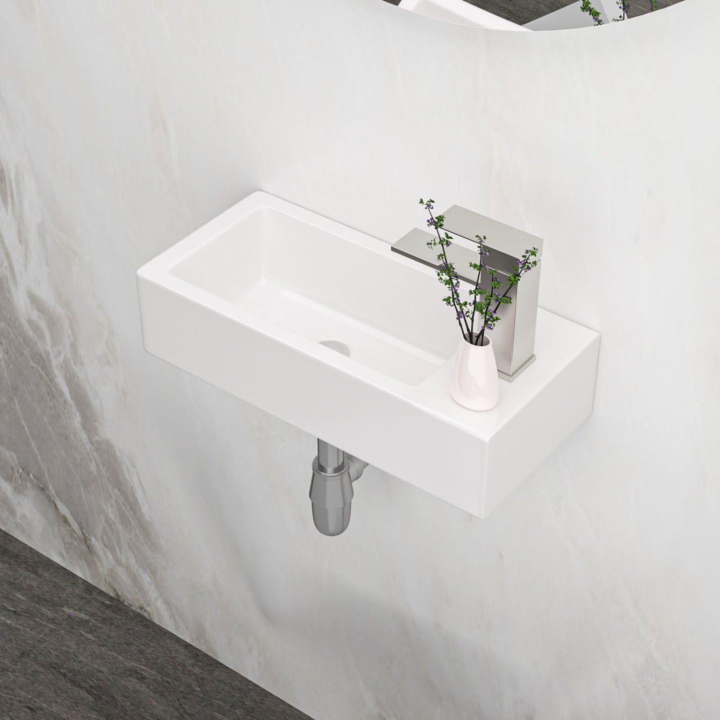 Modern Ceramic Rectangle Wall Mount Bathroom Sink With Single Faucet Hole - White
