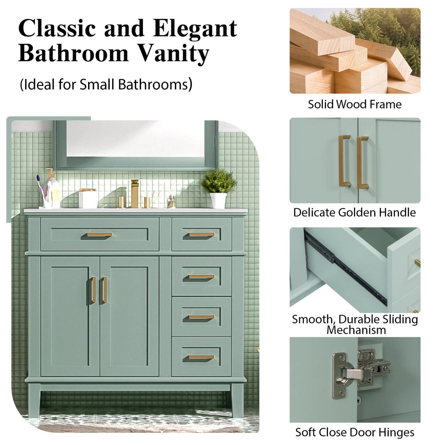 36" Bathroom Vanity With Sink, Soft Close Doors, And Storage Drawers - Green