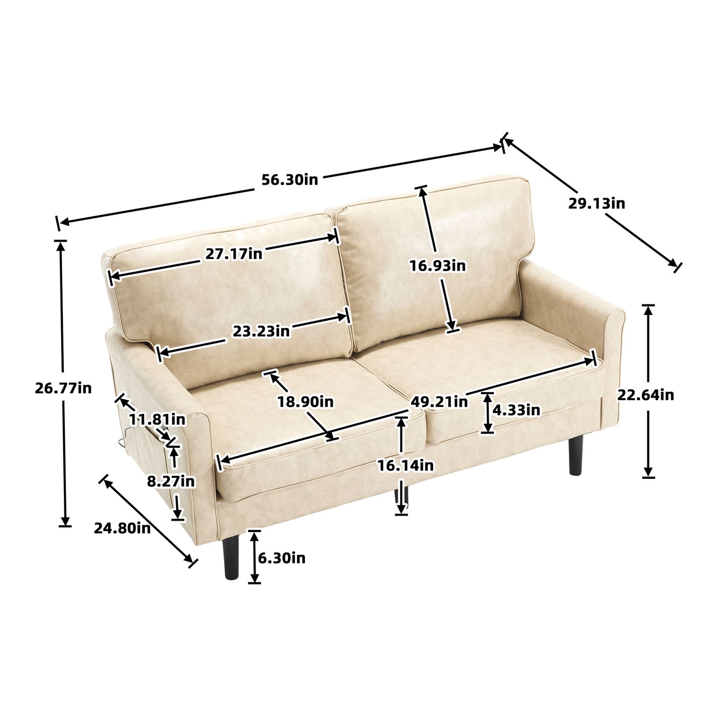 Mid Century Modern Loveseat Sofa With USB Ports, Removable Pillow Cover