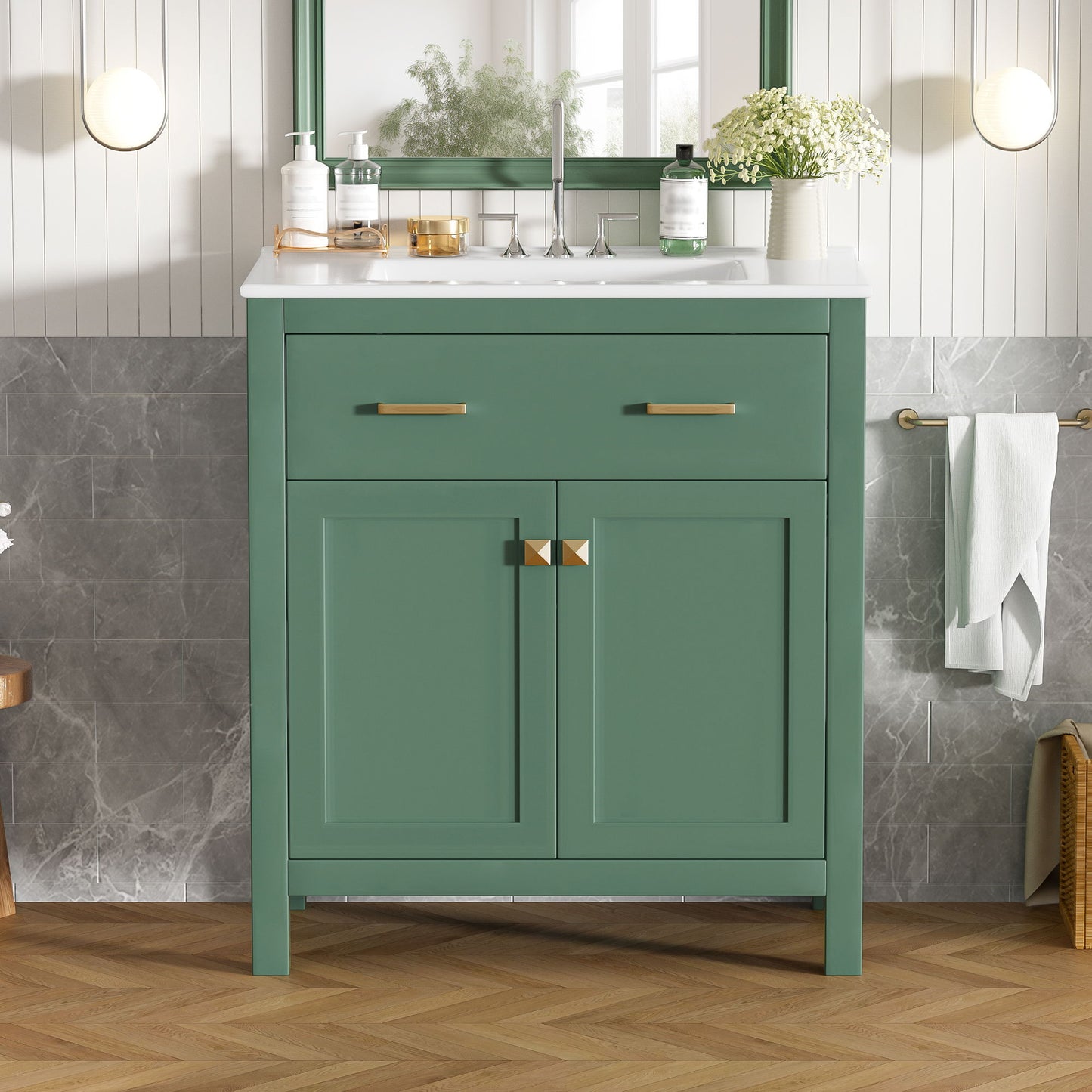 Bathroom Vanity With Ceramic Sink, Modern Single Bathroom Cabinet With 2 Doors And A Shelf, Soft Close Doors
