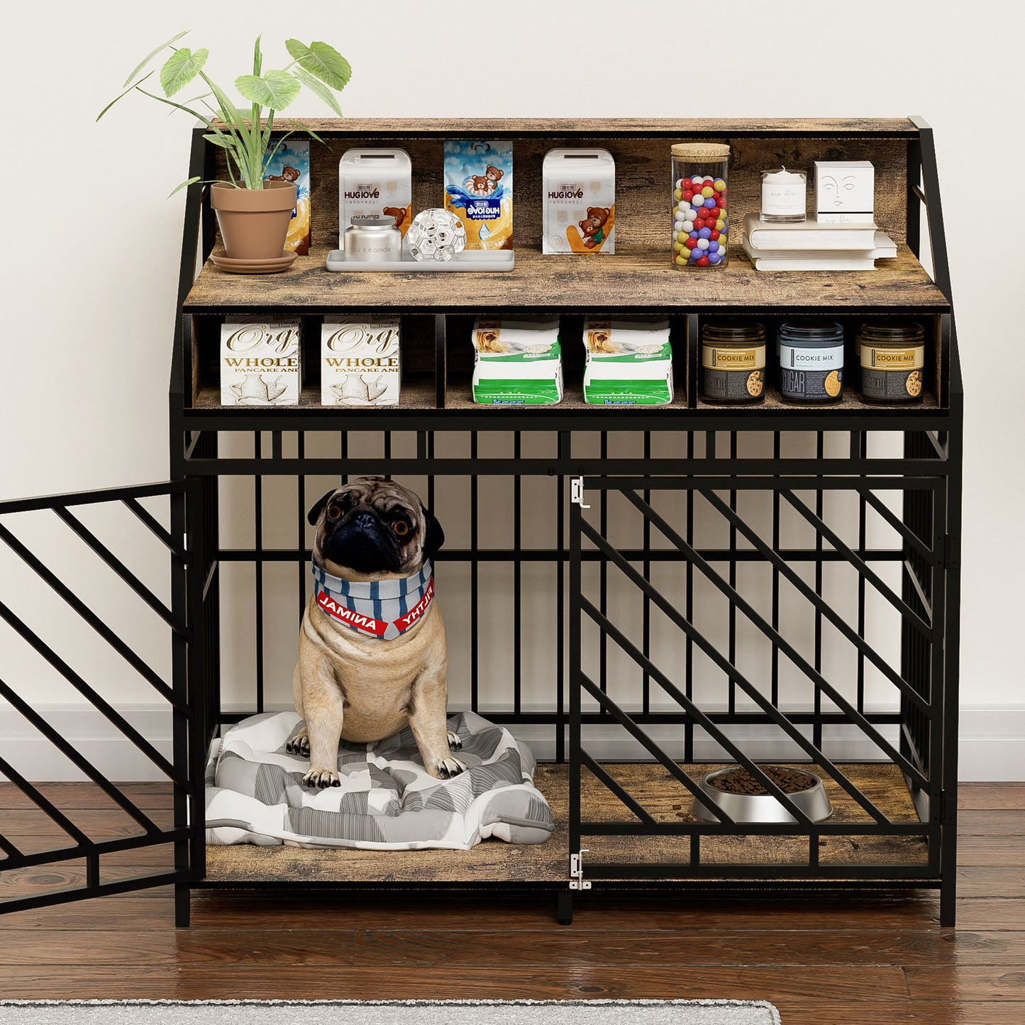 Wooden Dog Crate Furniture With Divider And Storage Drawers For Large Dogs - Rustic Brown