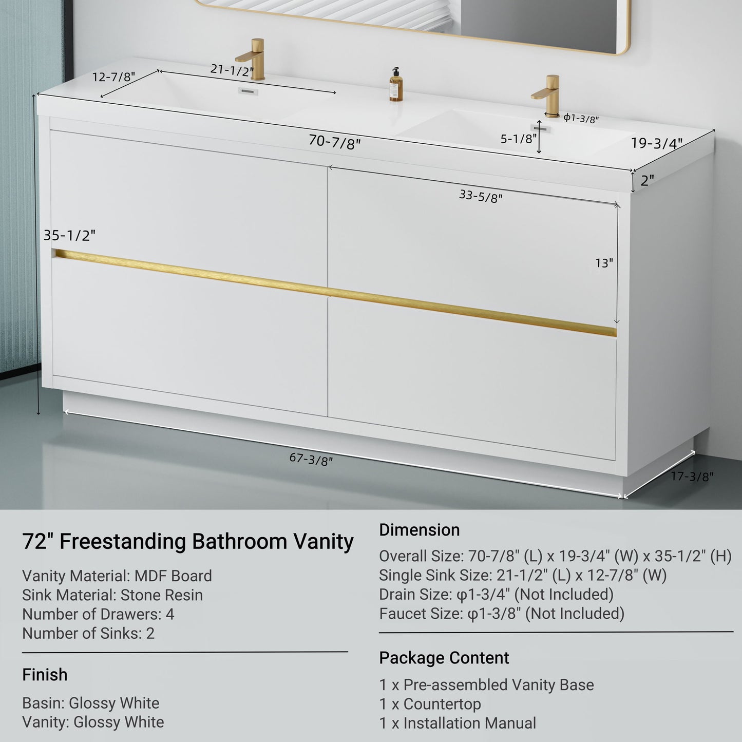 Bathin Freestanding Bathroom Vanity With Double Sinks, Bathroom Storage Vanity Cabinet With Stone Resin Countertop And Soft Close Drawers