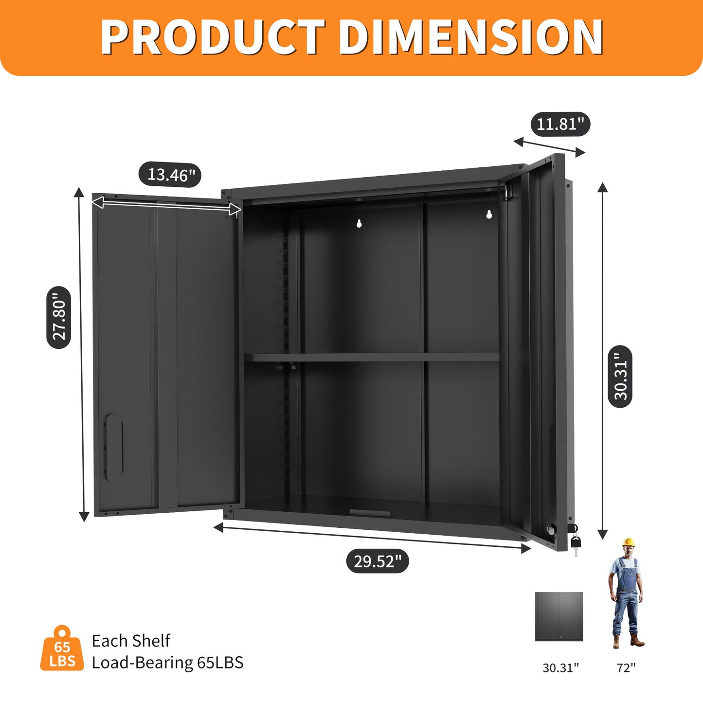 Metal Wall Mounted Tool Storage Cabinet With 2 Locking Doors, Adjustable Shelf, And Drawer