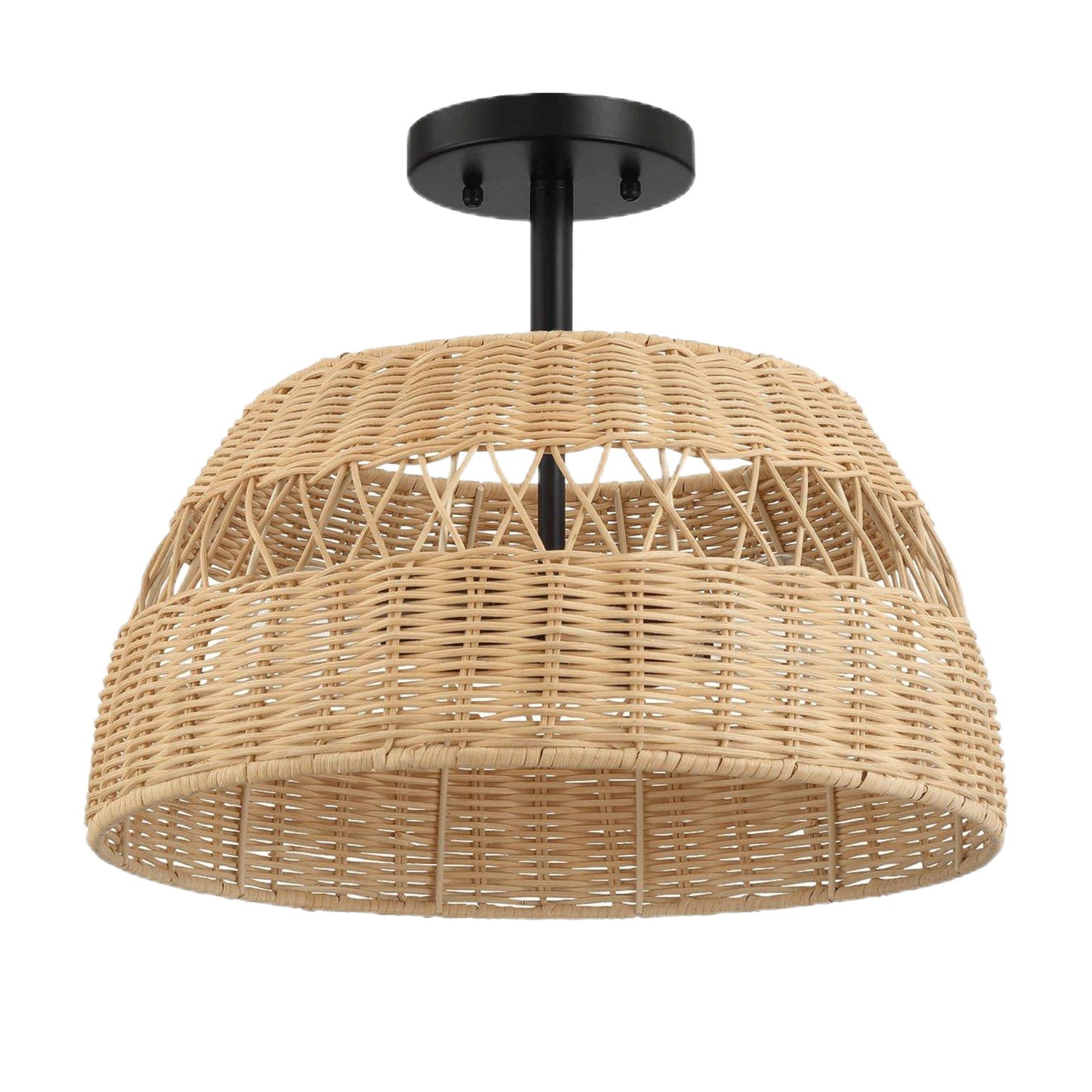 Twinkle - Double Lights Semi Flush With Shade - Black / Rattan