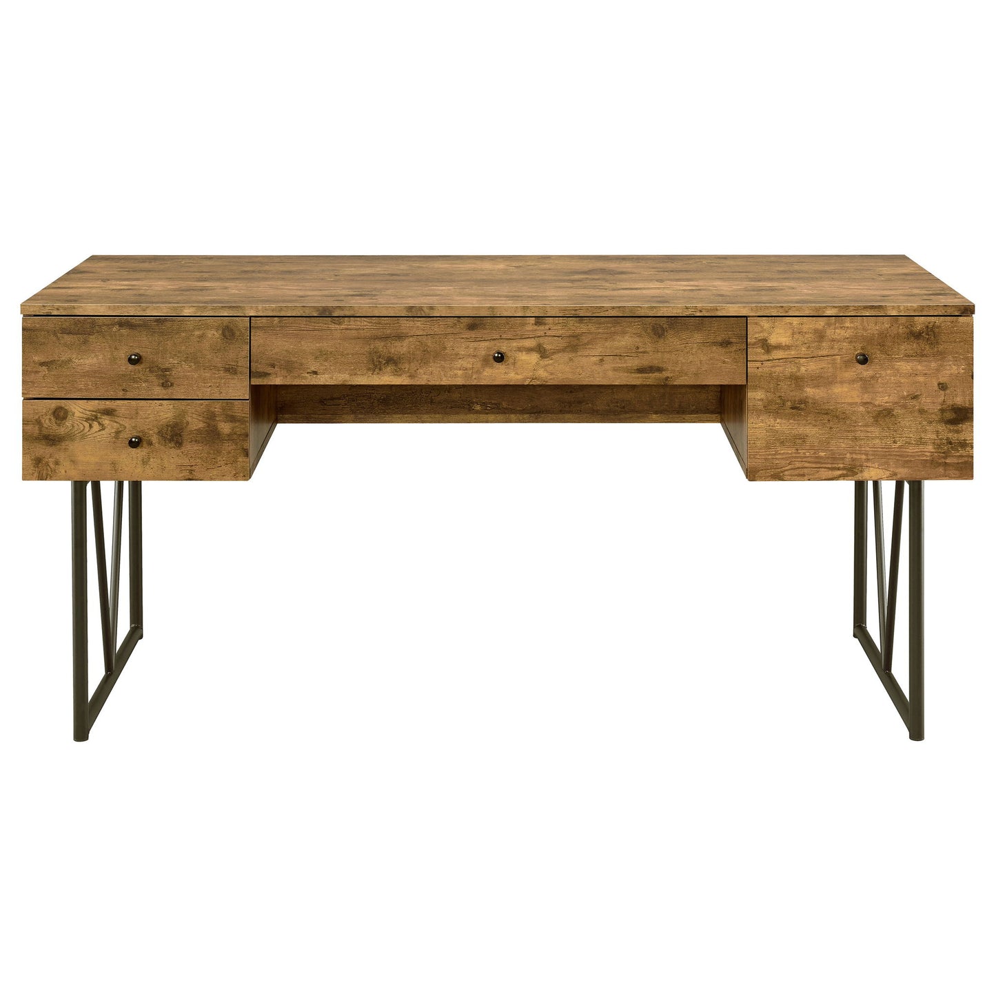 Rustic Industrial Charm Writing Desk With 4 Drawers And Open Shelf