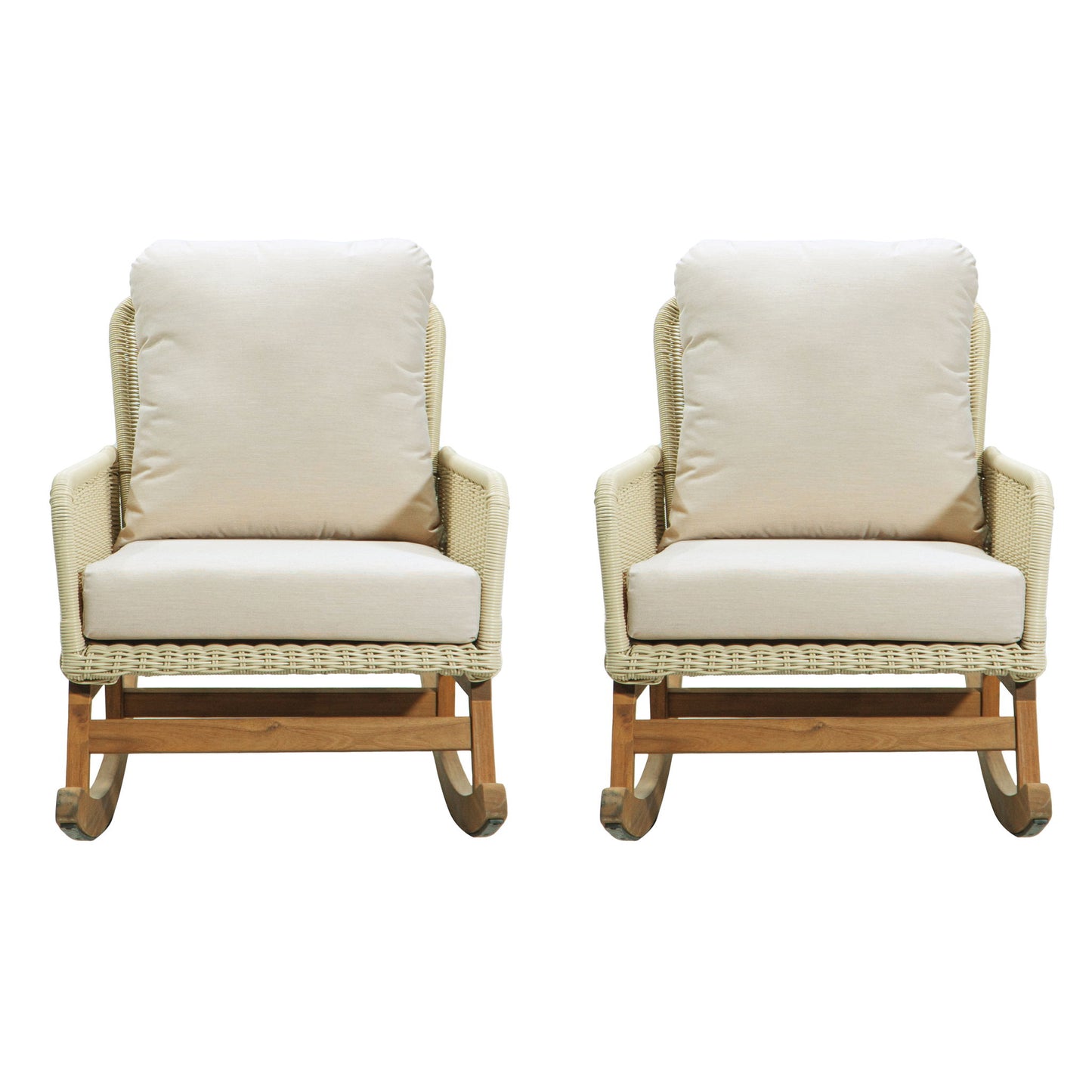 Contemporary Minimalist Wicker Rocking Chair Set With Soft Polyester Cushions And Durable Wooden Frame For Indoor And Outdoor Spaces - Ivory