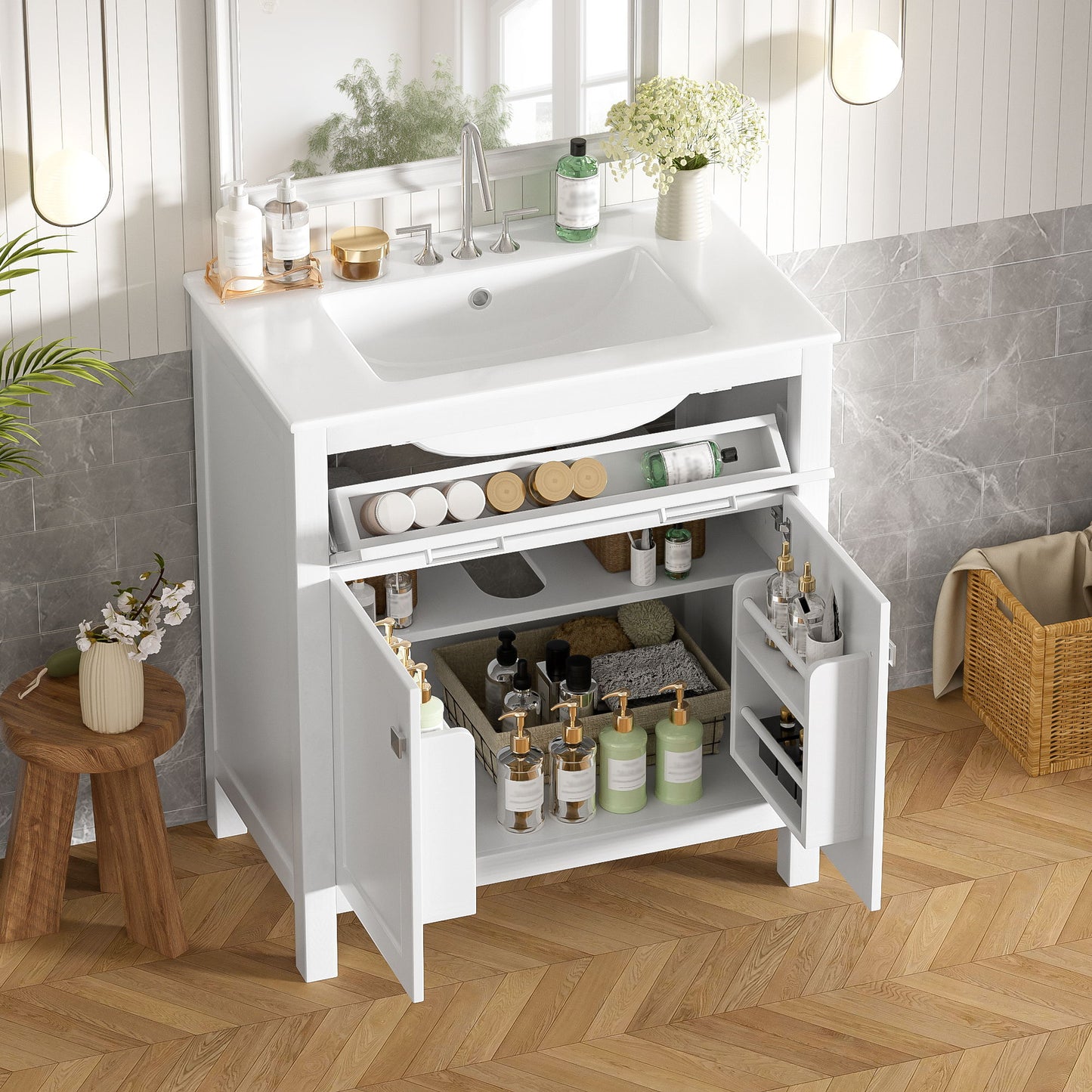 Bathroom Vanity With Ceramic Sink, Modern Single Bathroom Cabinet With 2 Doors And A Shelf, Soft Close Doors