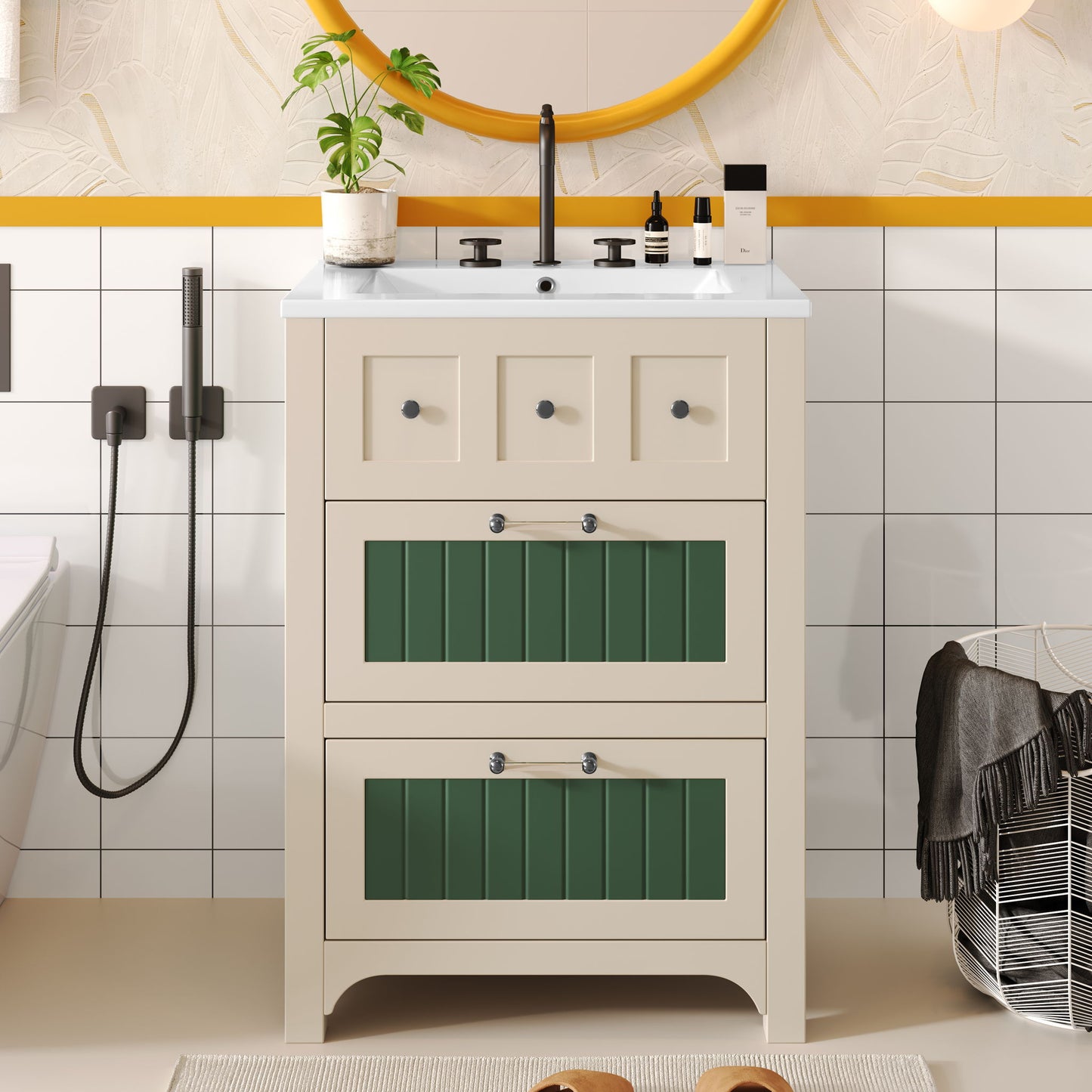 Bathroom Vanity With Ceramic Sink, Bathroom Vanity Cabinet With 2 Drawers, Wooden Bathroom Sink Cabinet - Beige / Green